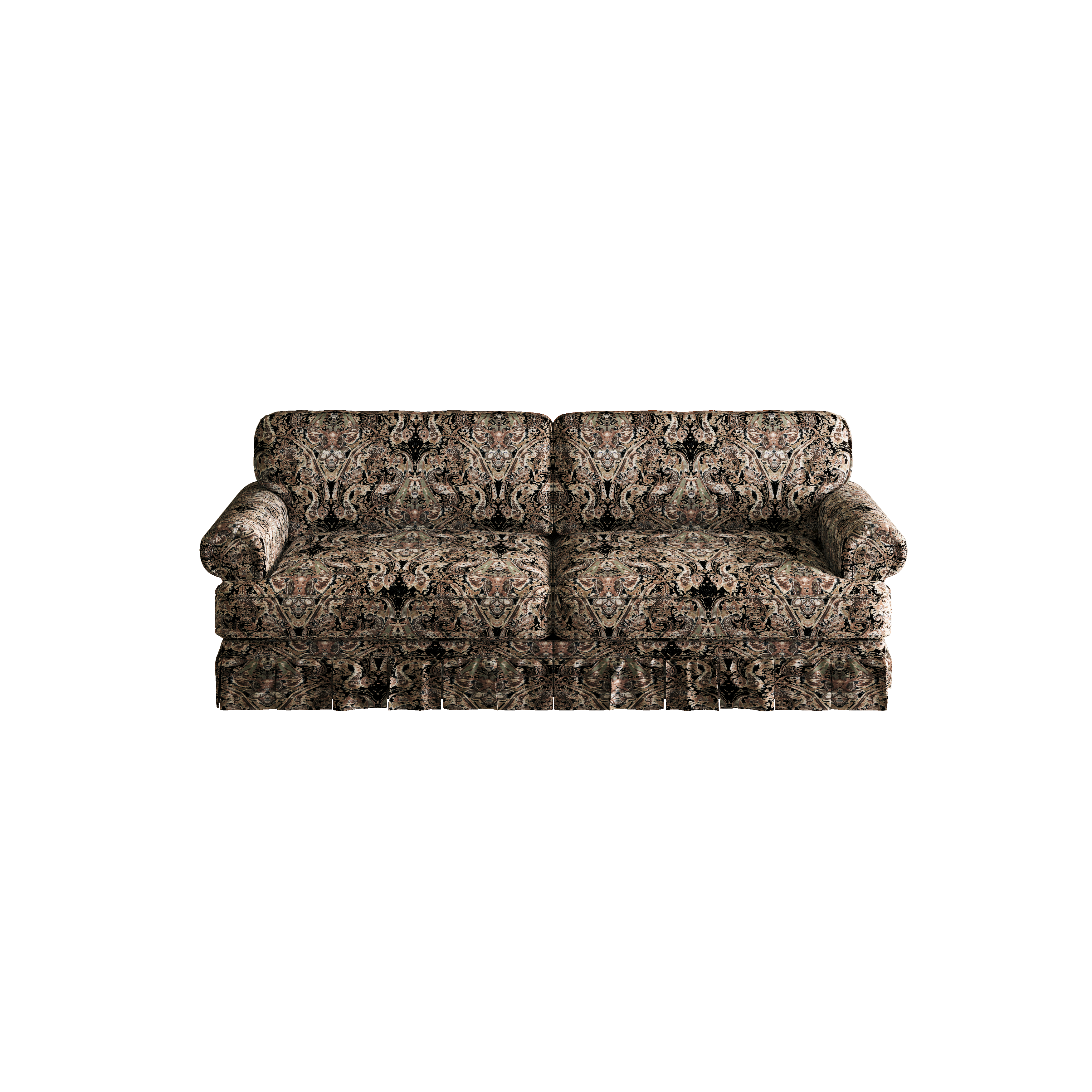 Livonia black patterned upholstered sofa angled product view on white background