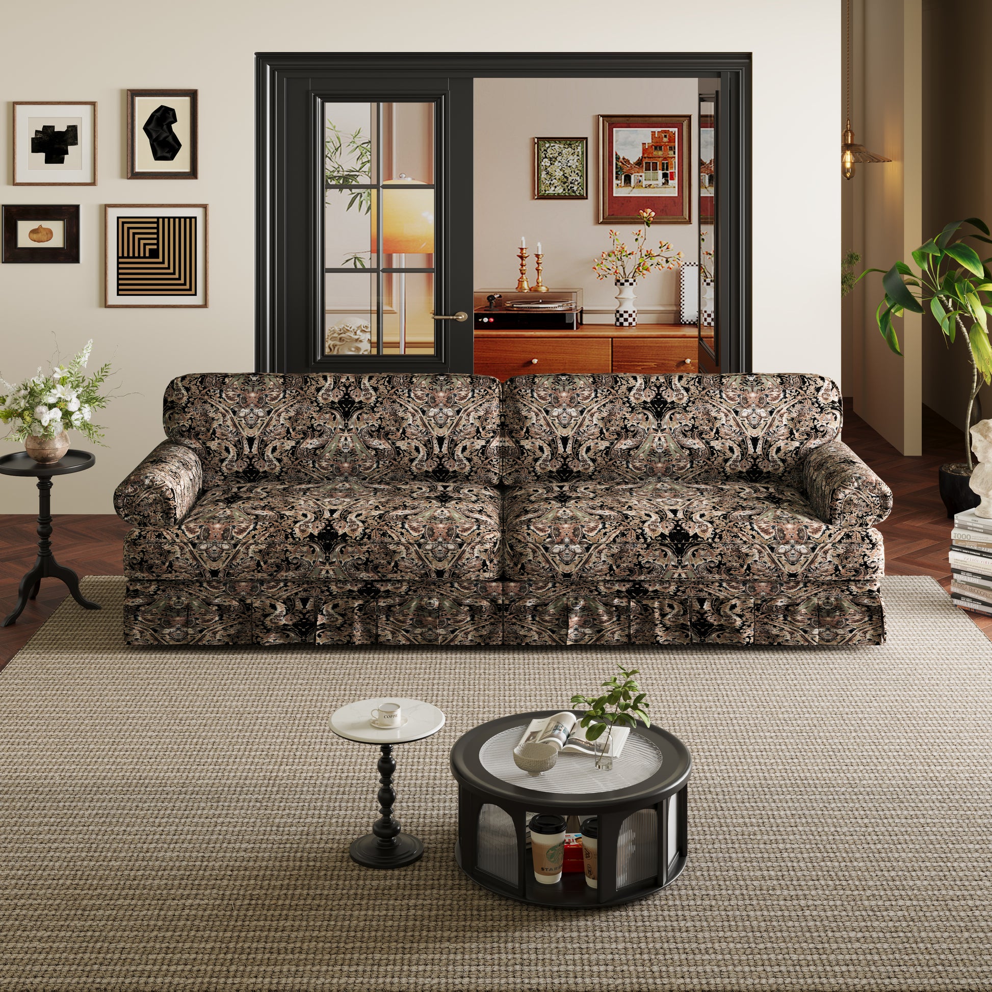 Livonia black patterned oxford fabric sofa in vintage inspired living room