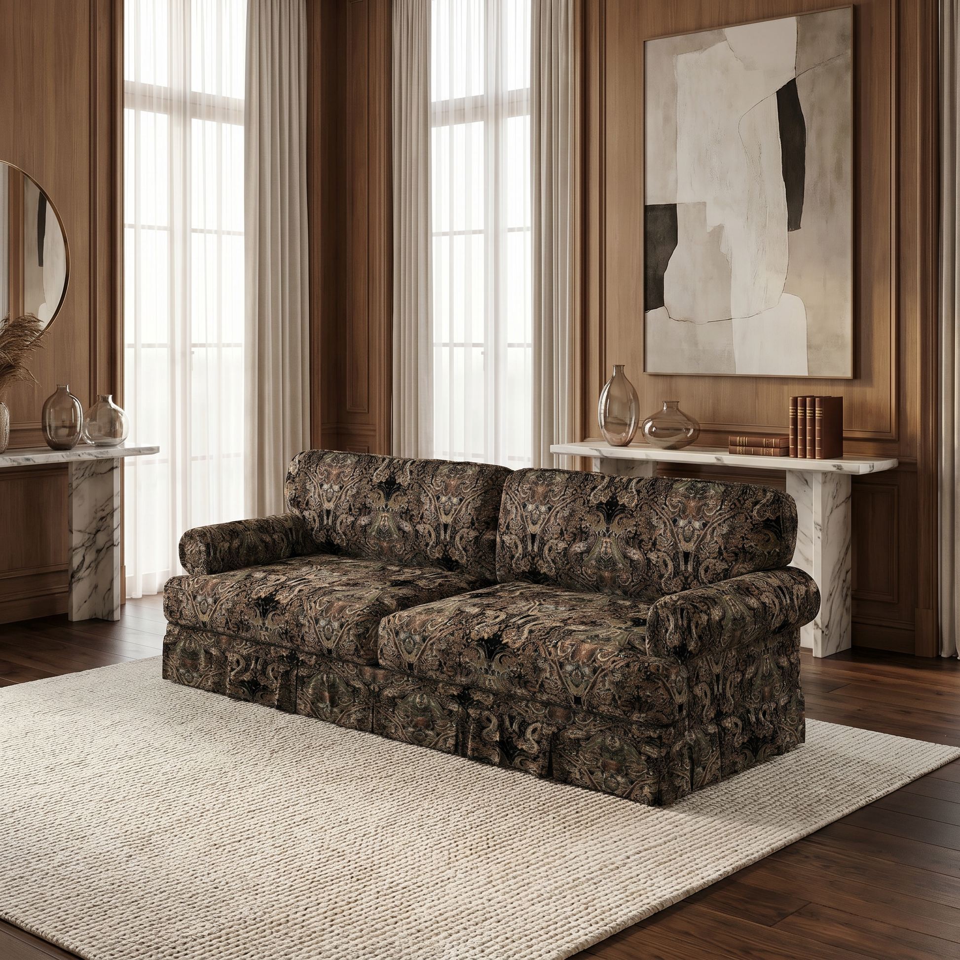 Livonia 4 seater patterned sofa with rolled arms in warm modern interior