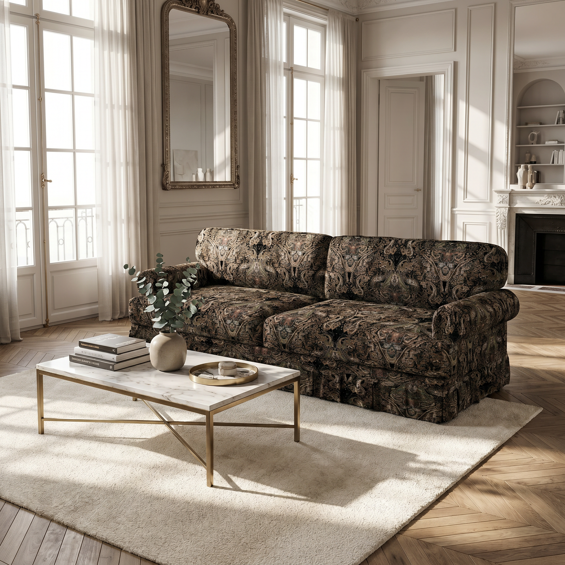  Livonia pleated skirt sofa with classic patterned upholstery in elegant home setting