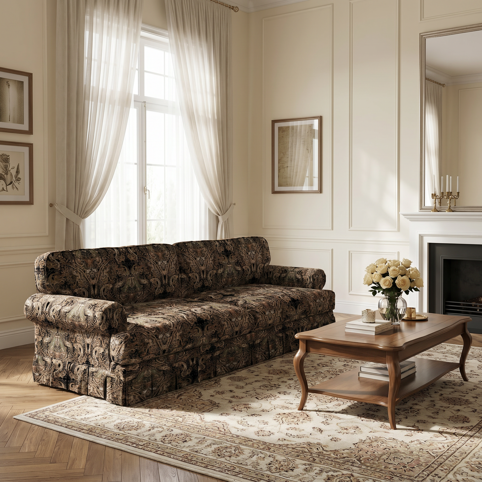 Livonia black floral pattern sofa in cozy traditional living room with wood coffee table