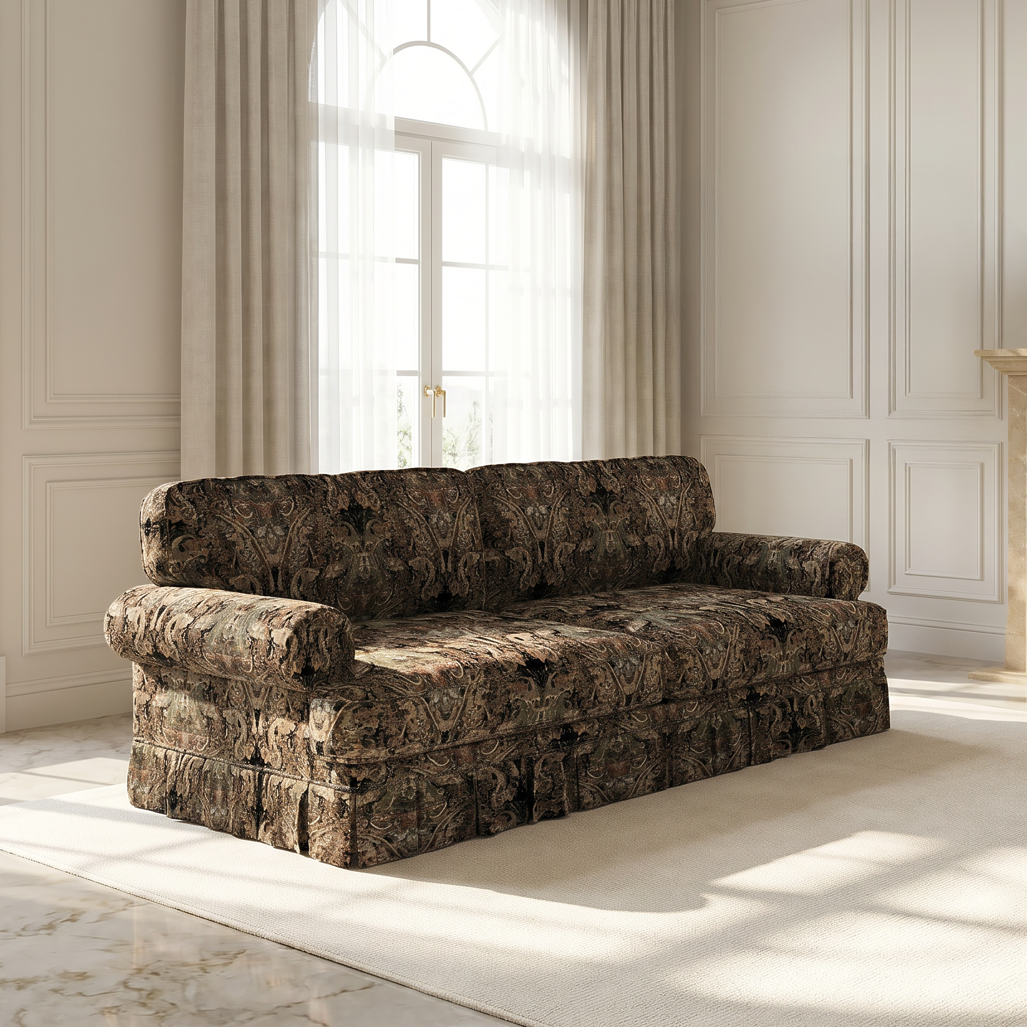 Livonia black patterned Oxford fabric sofa in cozy transitional living room