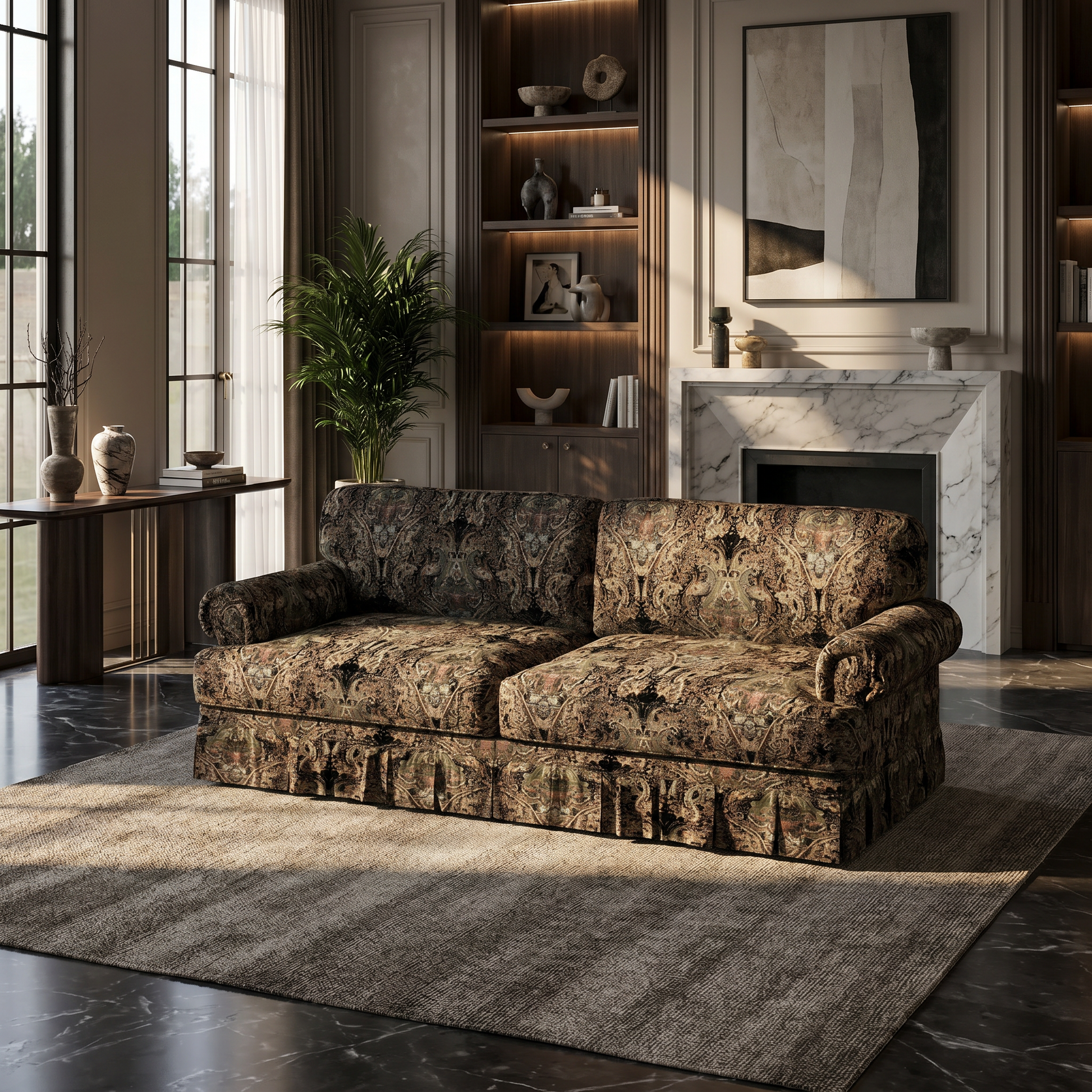 Livonia black patterned Oxford fabric sofa in cozy transitional living room