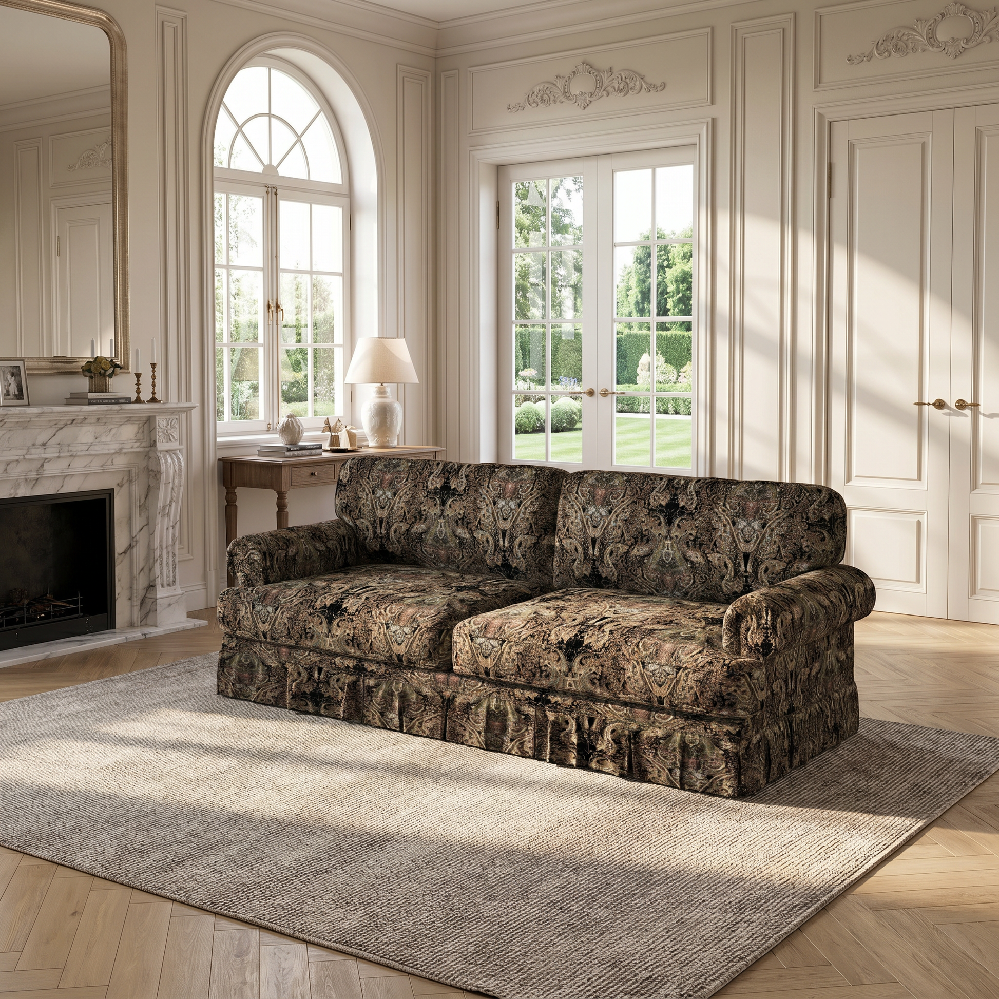 Livonia black patterned Oxford fabric sofa in cozy transitional living room