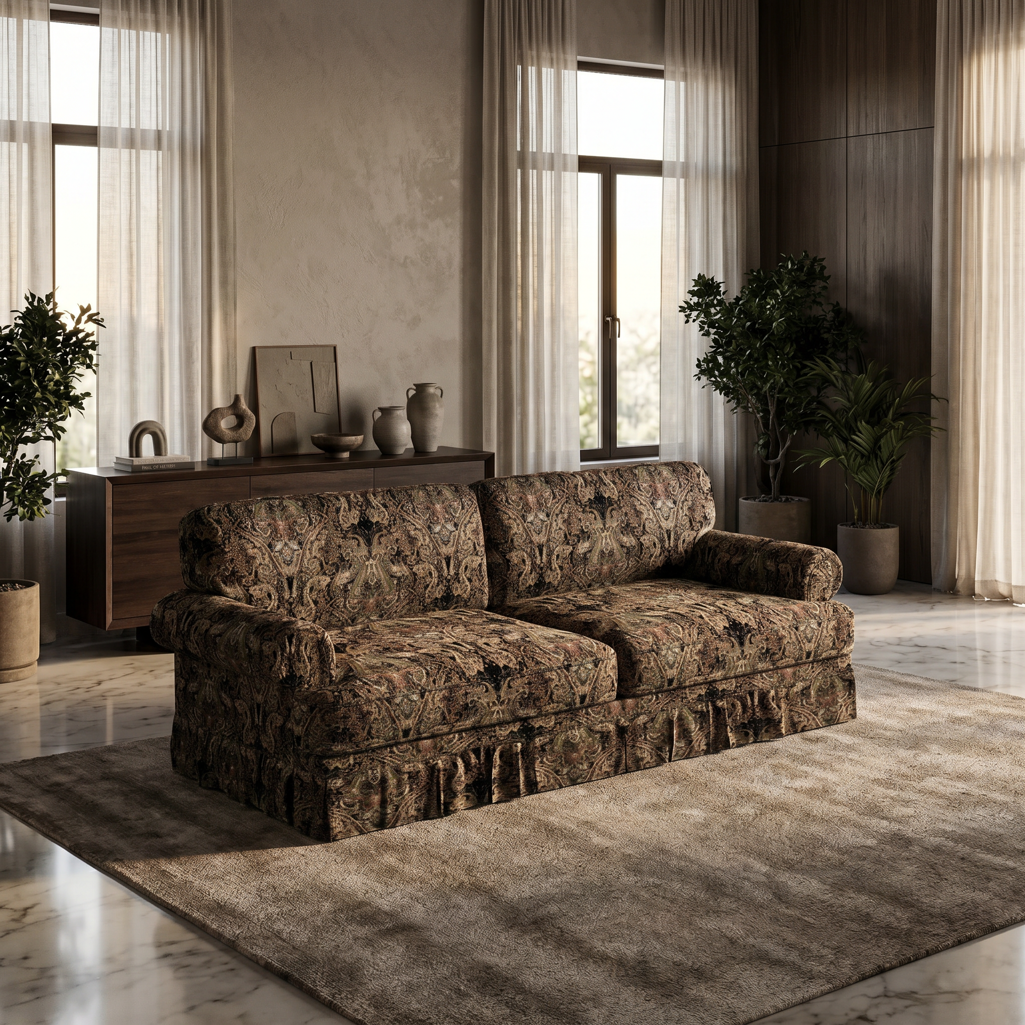 Livonia black patterned Oxford fabric sofa in cozy transitional living room