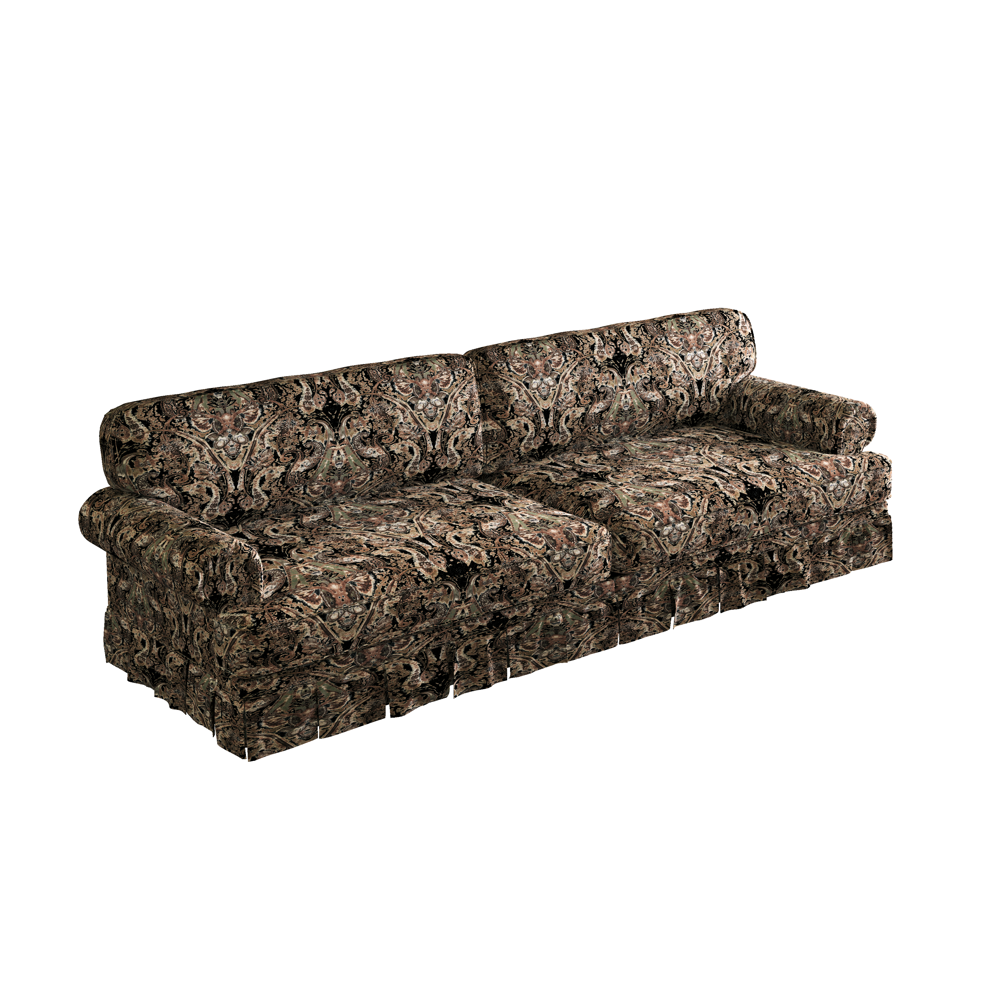 Livonia black patterned upholstered sofa angled product view on white background