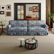 Livonia blue floral oxford fabric sofa in cozy vintage inspired living room