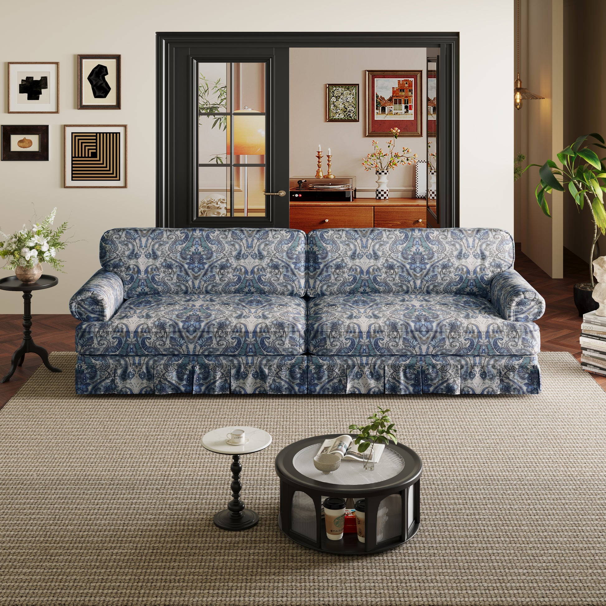 Livonia blue floral oxford fabric sofa in cozy vintage inspired living room