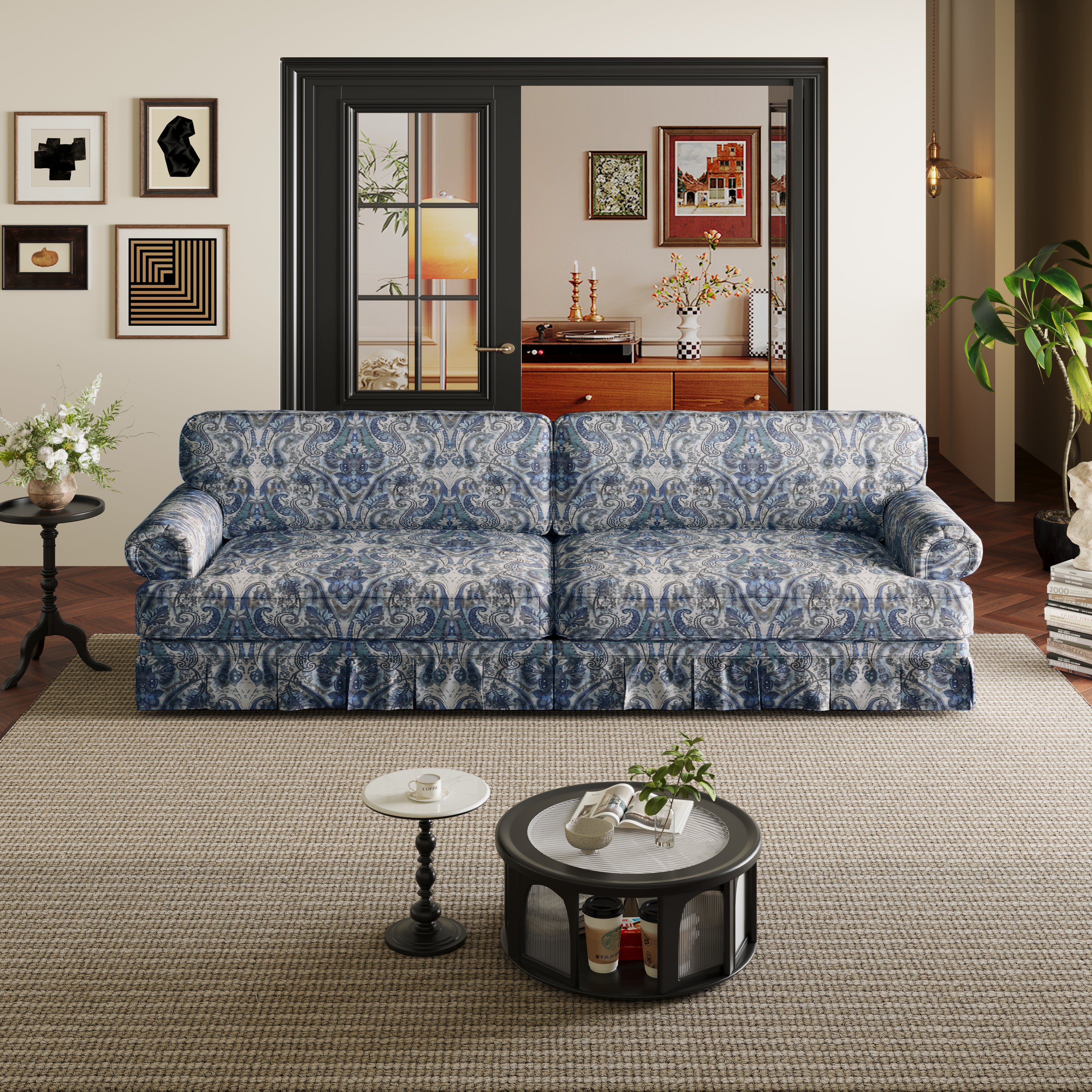 Livonia blue floral oxford fabric sofa in cozy vintage inspired living room