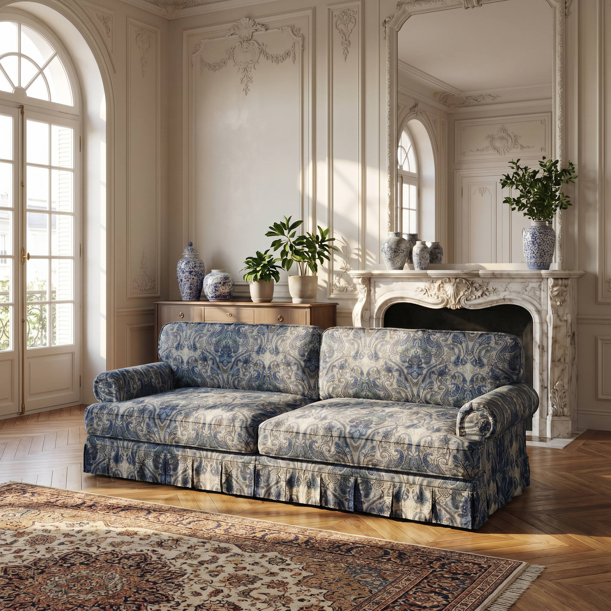 Livonia 4 seater floral fabric sofa with rolled arms in elegant classic interior