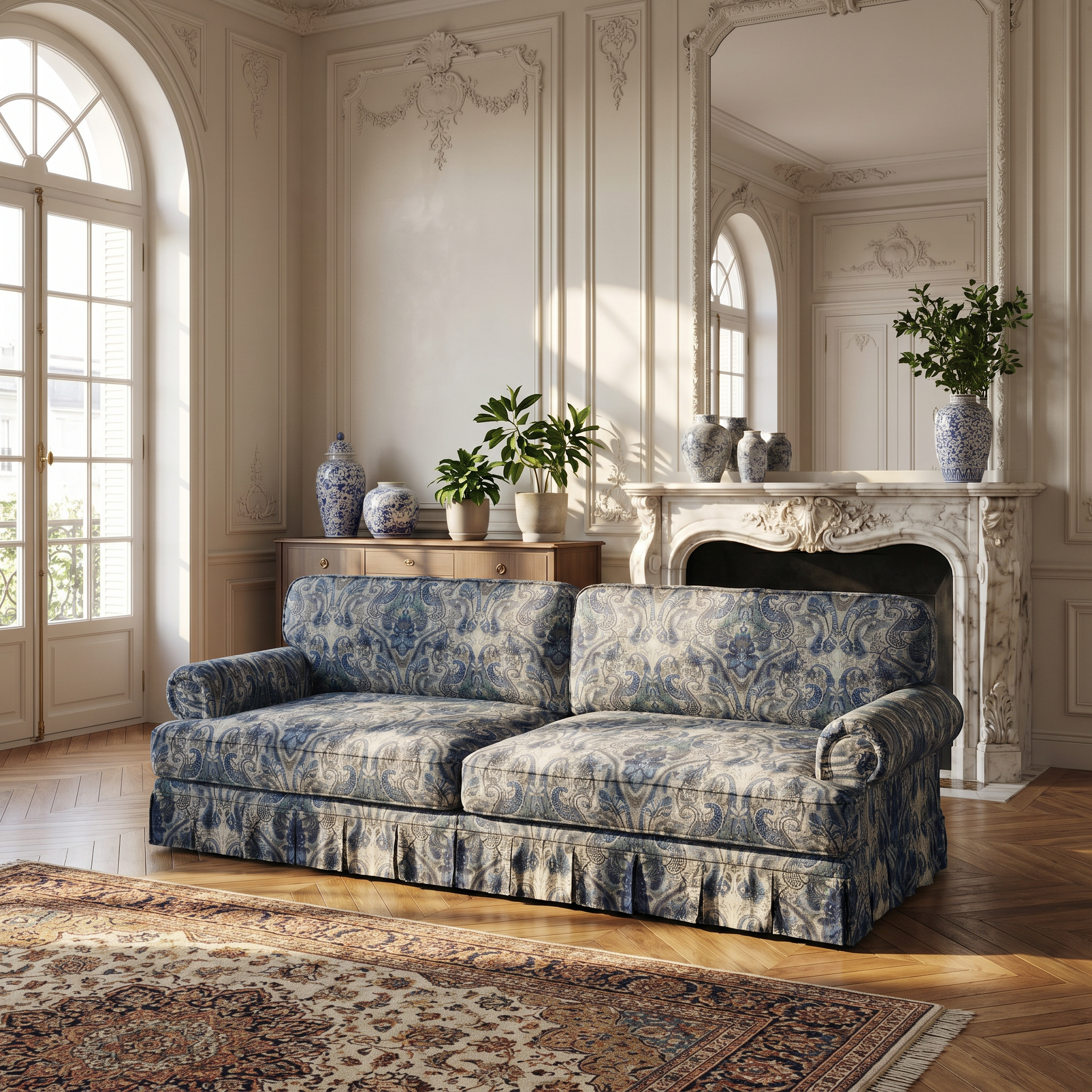 Livonia 4 seater floral fabric sofa with rolled arms in elegant classic interior
