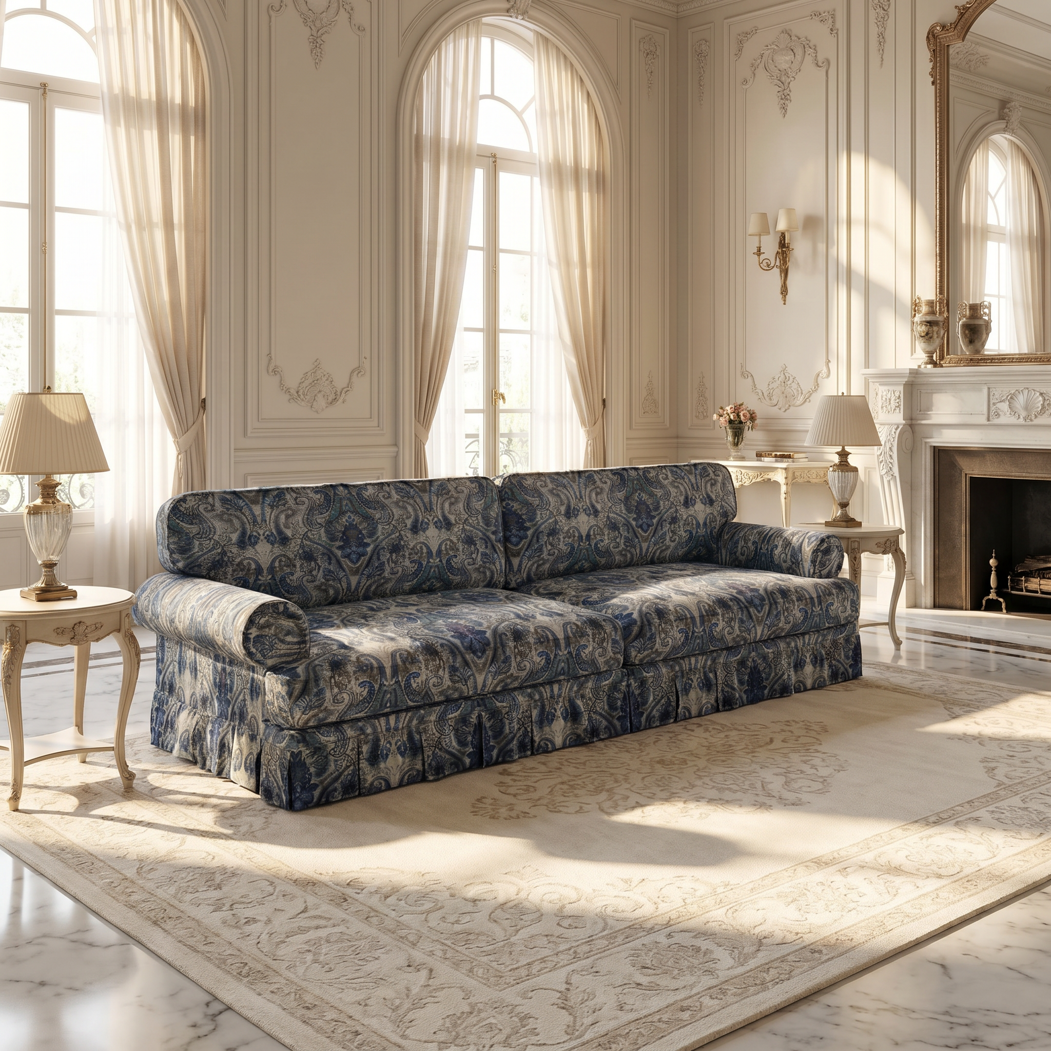 Livonia pleated skirt sofa in luxurious traditional living room with fireplace