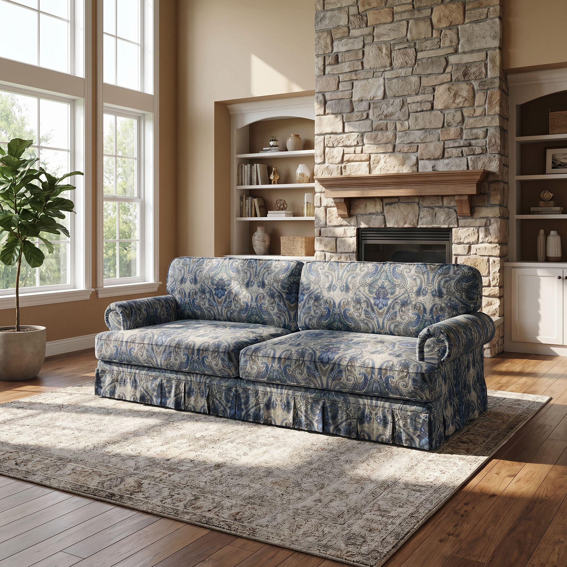 Livonia blue patterned cloud couch in warm farmhouse style living space
