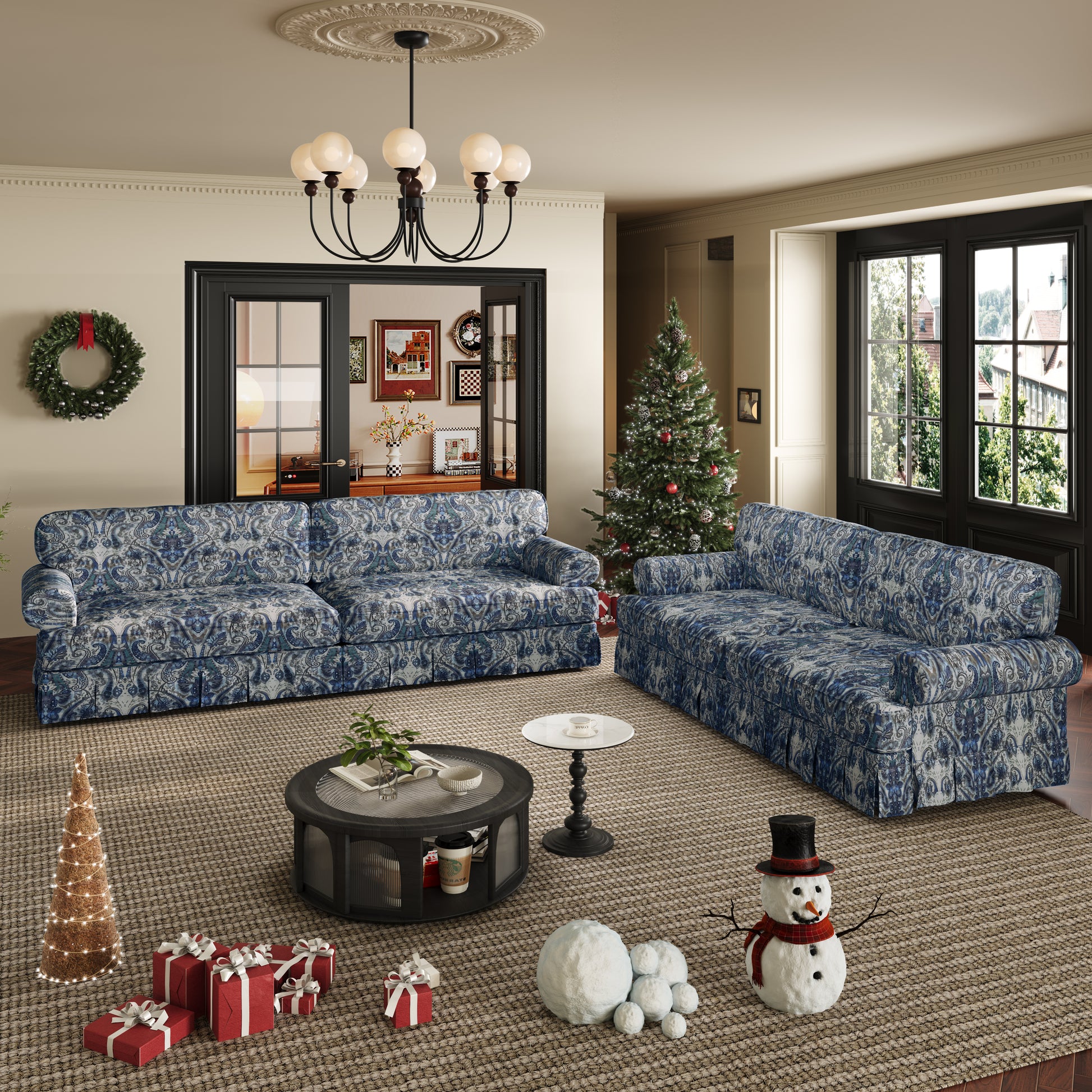 Livonia blue floral oxford fabric sofa in cozy vintage inspired living room