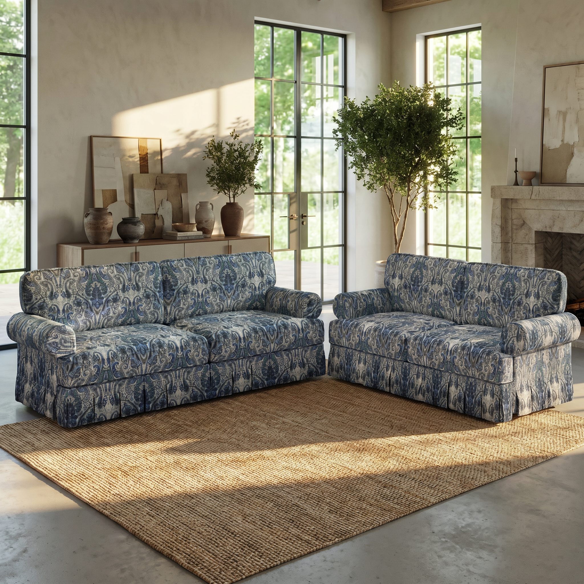 Livonia blue floral oxford fabric sofa in cozy vintage inspired living room