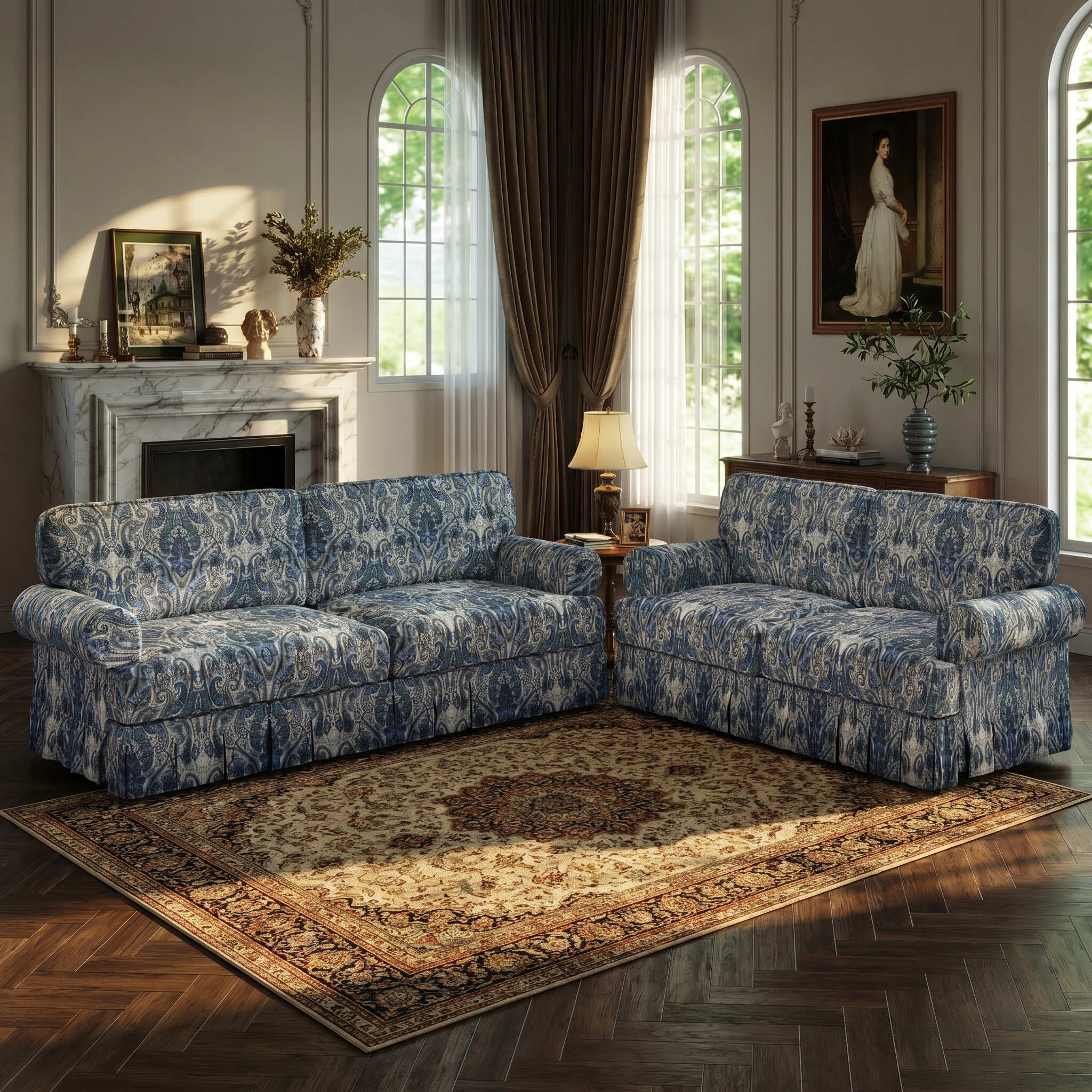 Livonia blue floral oxford fabric sofa in cozy vintage inspired living room