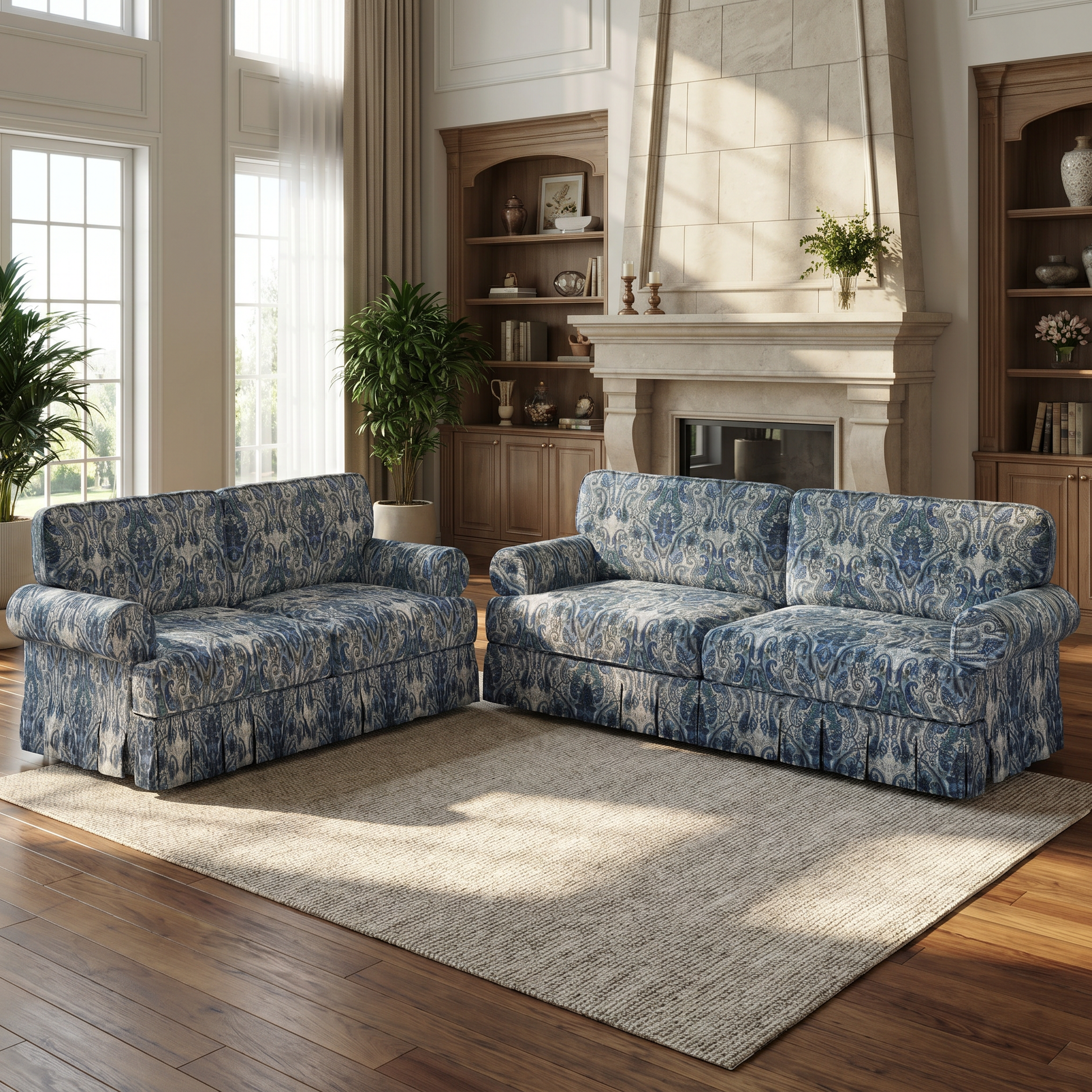 Livonia blue floral oxford fabric sofa in cozy vintage inspired living room