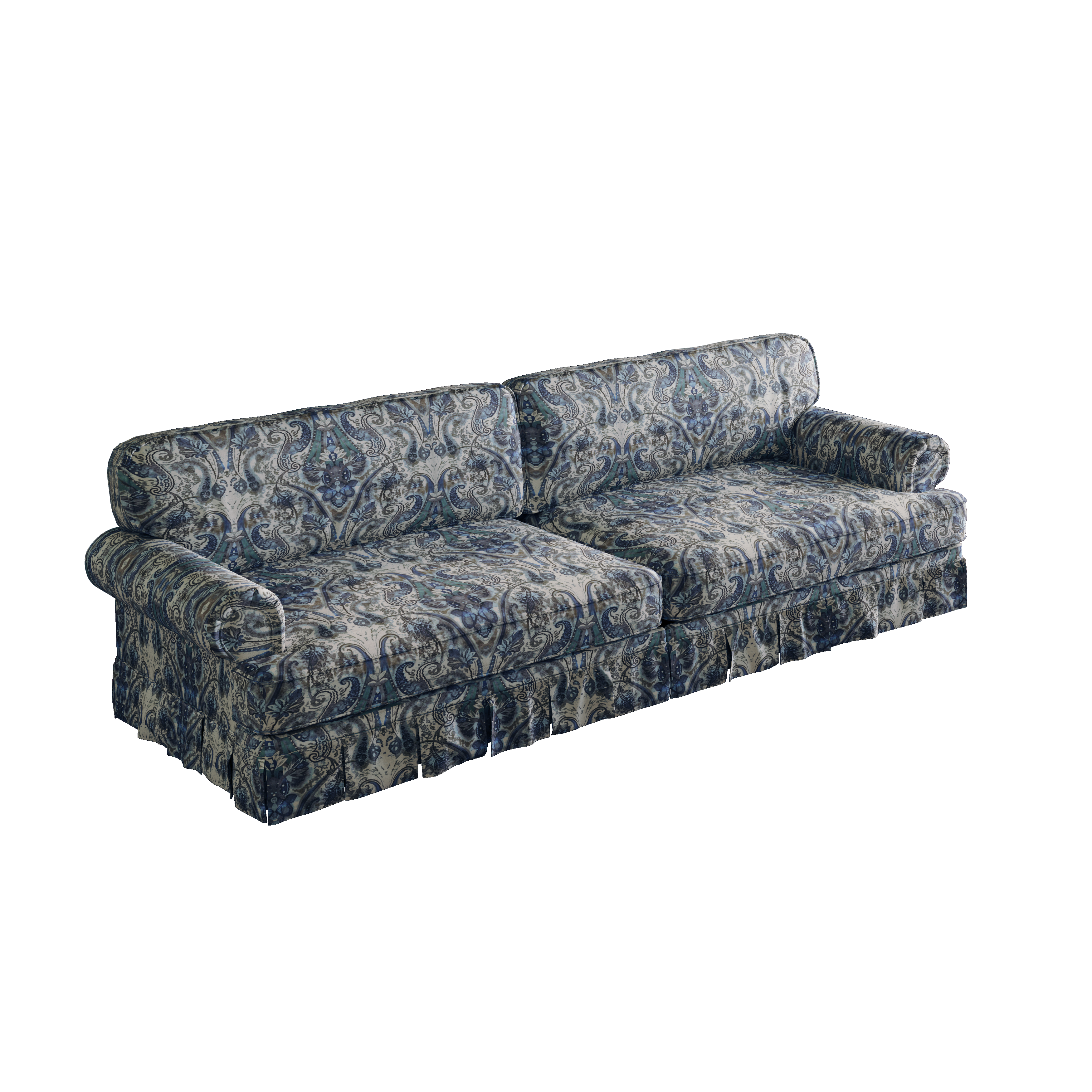 Livonia blue floral oxford fabric sofa angled product view on white background
