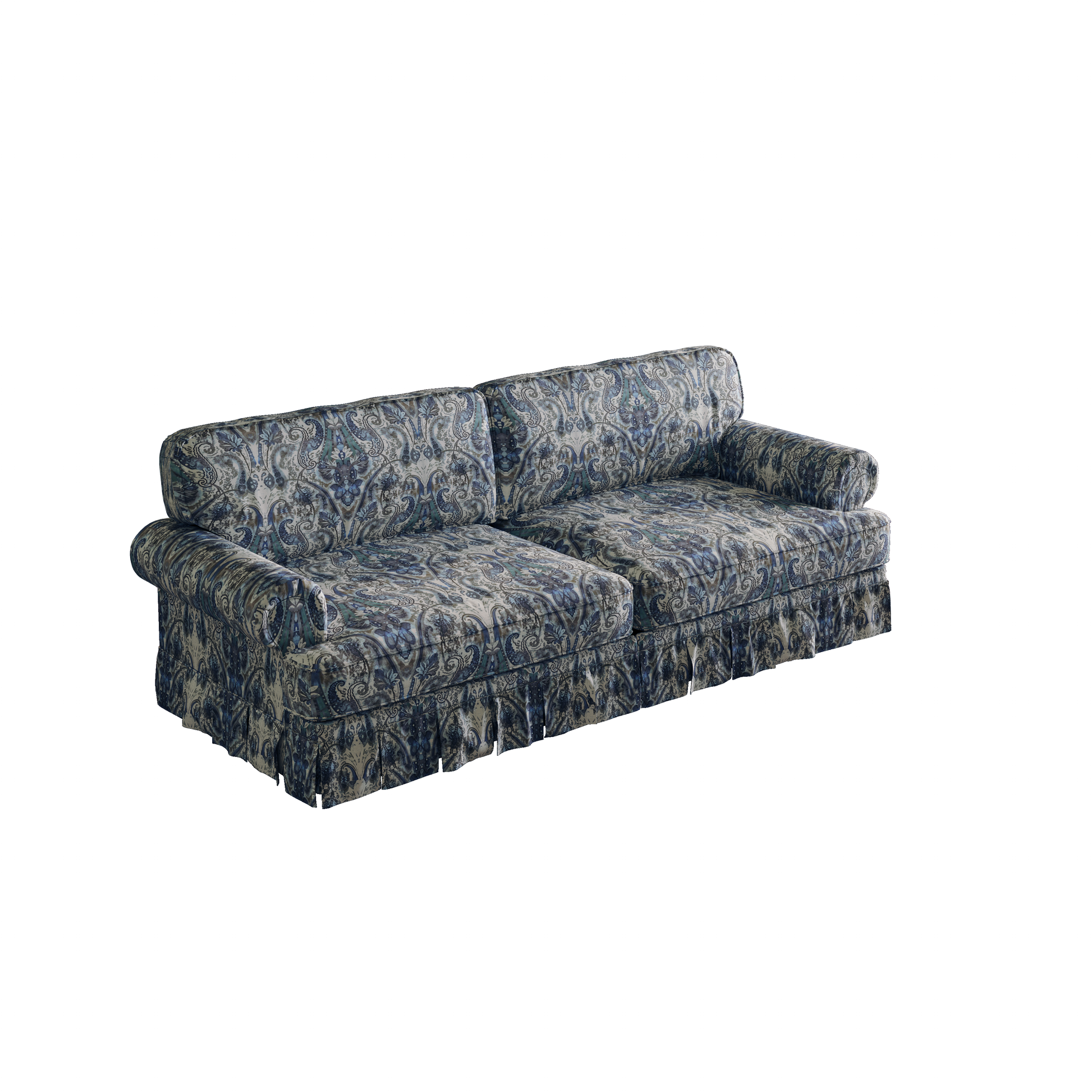 Livonia blue floral oxford fabric sofa angled product view on white 