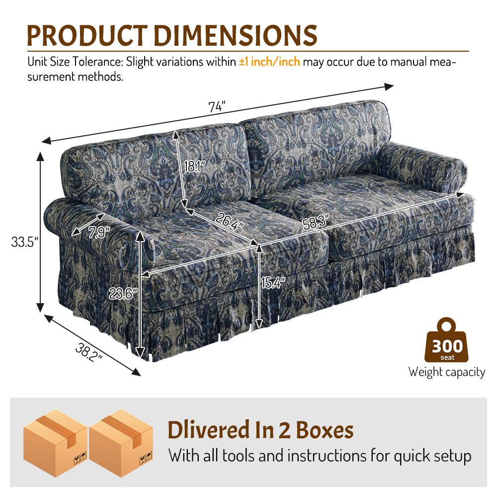 Livonia rolled arm Oxford fabric sofa product dimensions and seating measurements chart