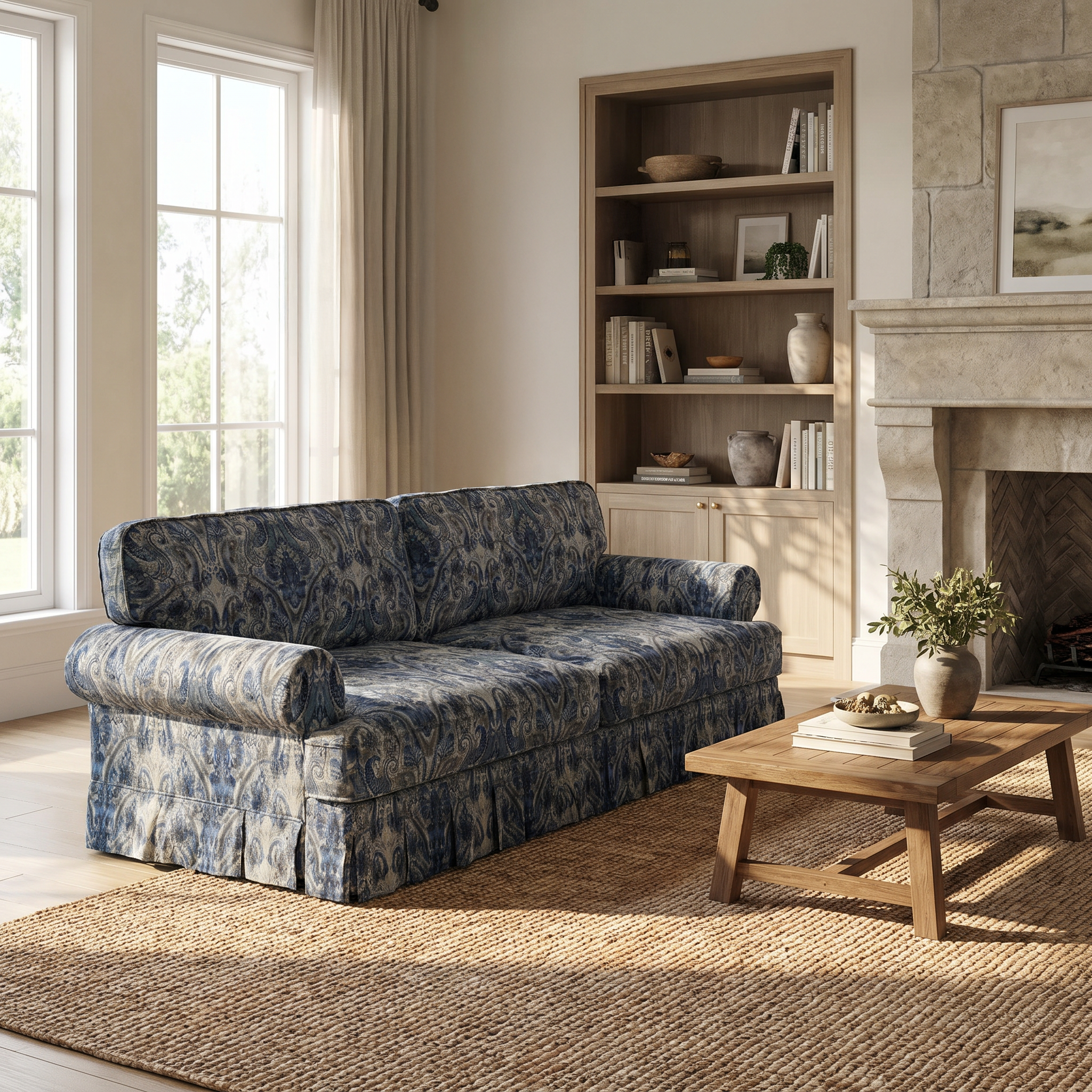 Livonia blue patterned Oxford fabric sofa in cozy transitional living room