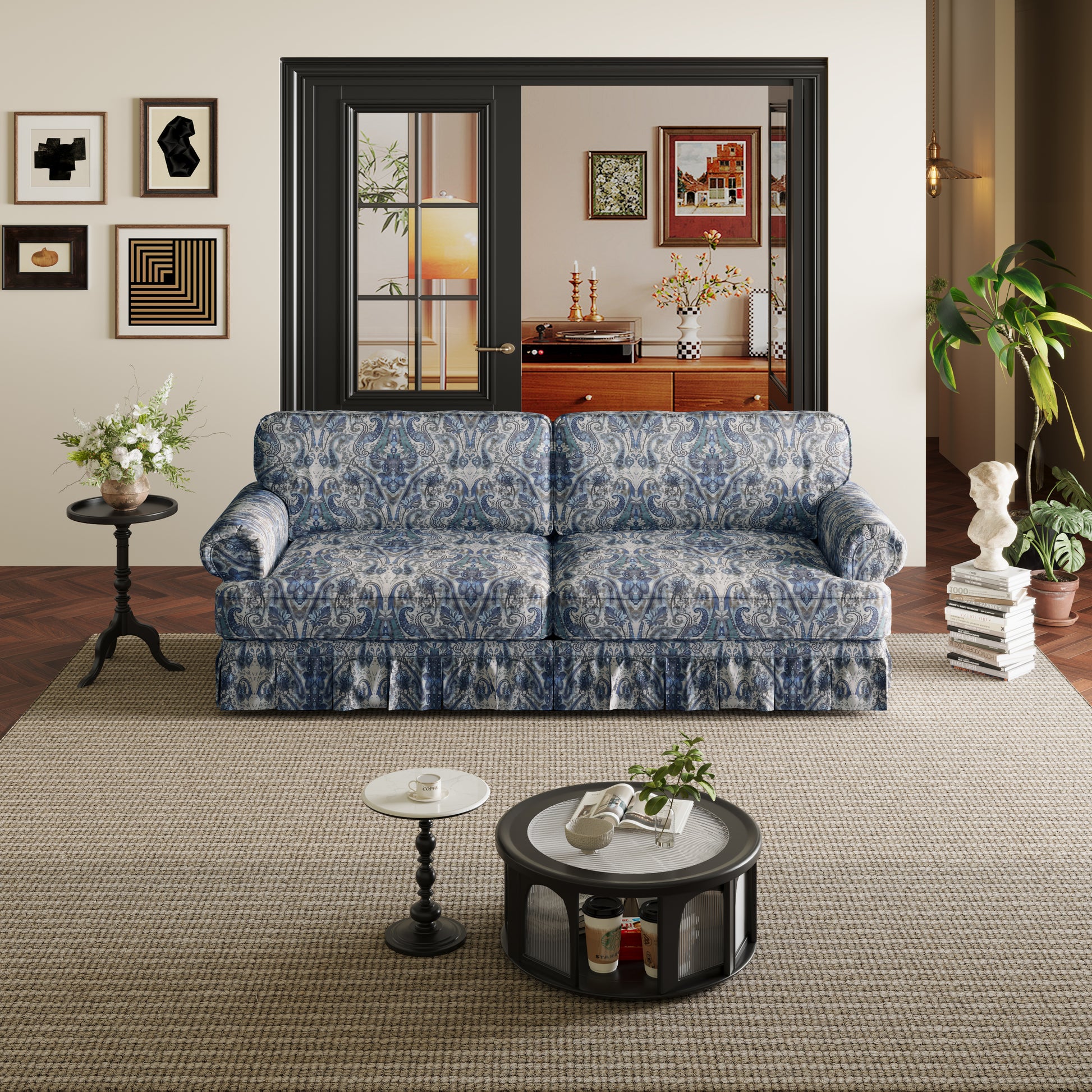 Livonia blue patterned Oxford fabric sofa in cozy transitional living room