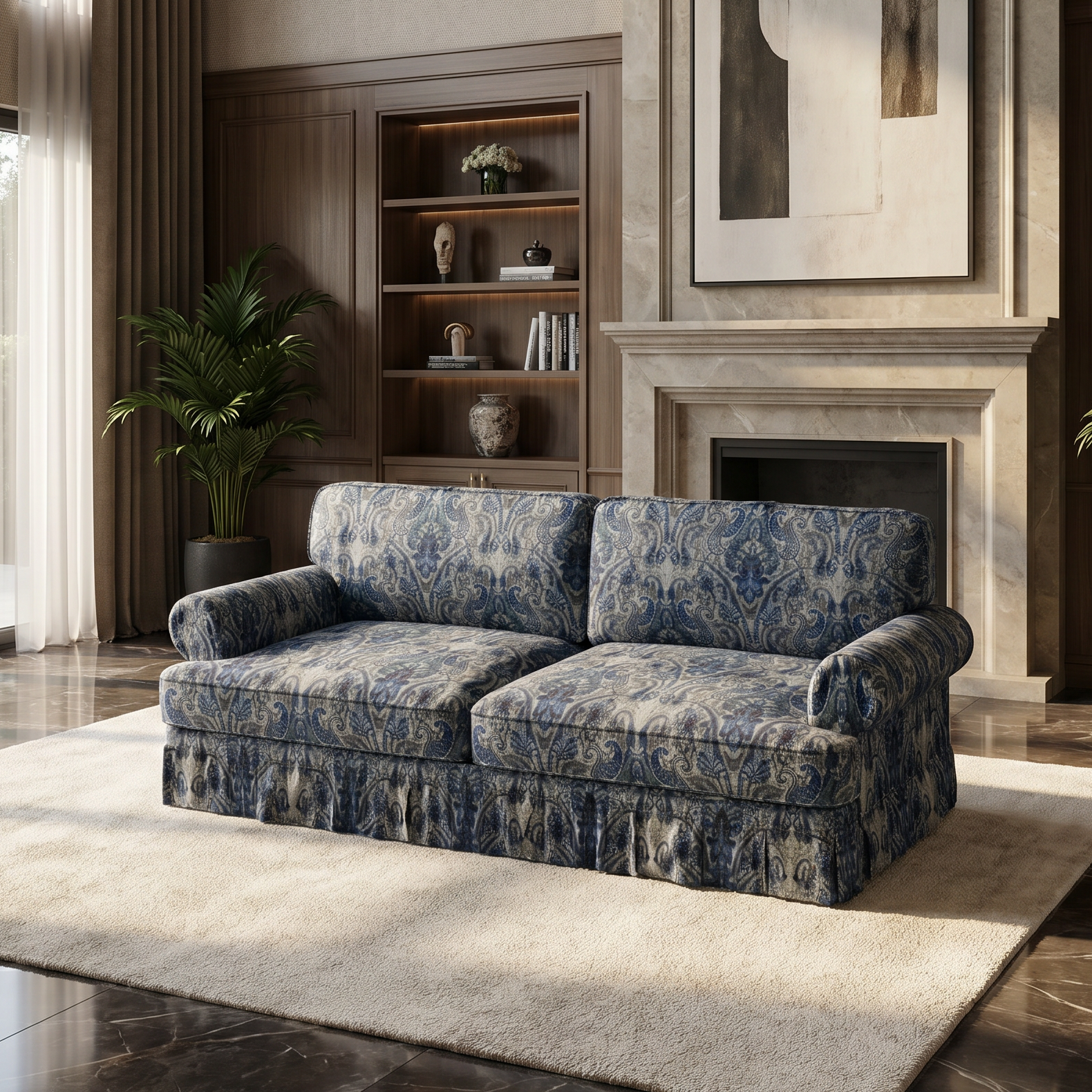 Livonia blue patterned Oxford fabric sofa in cozy transitional living room