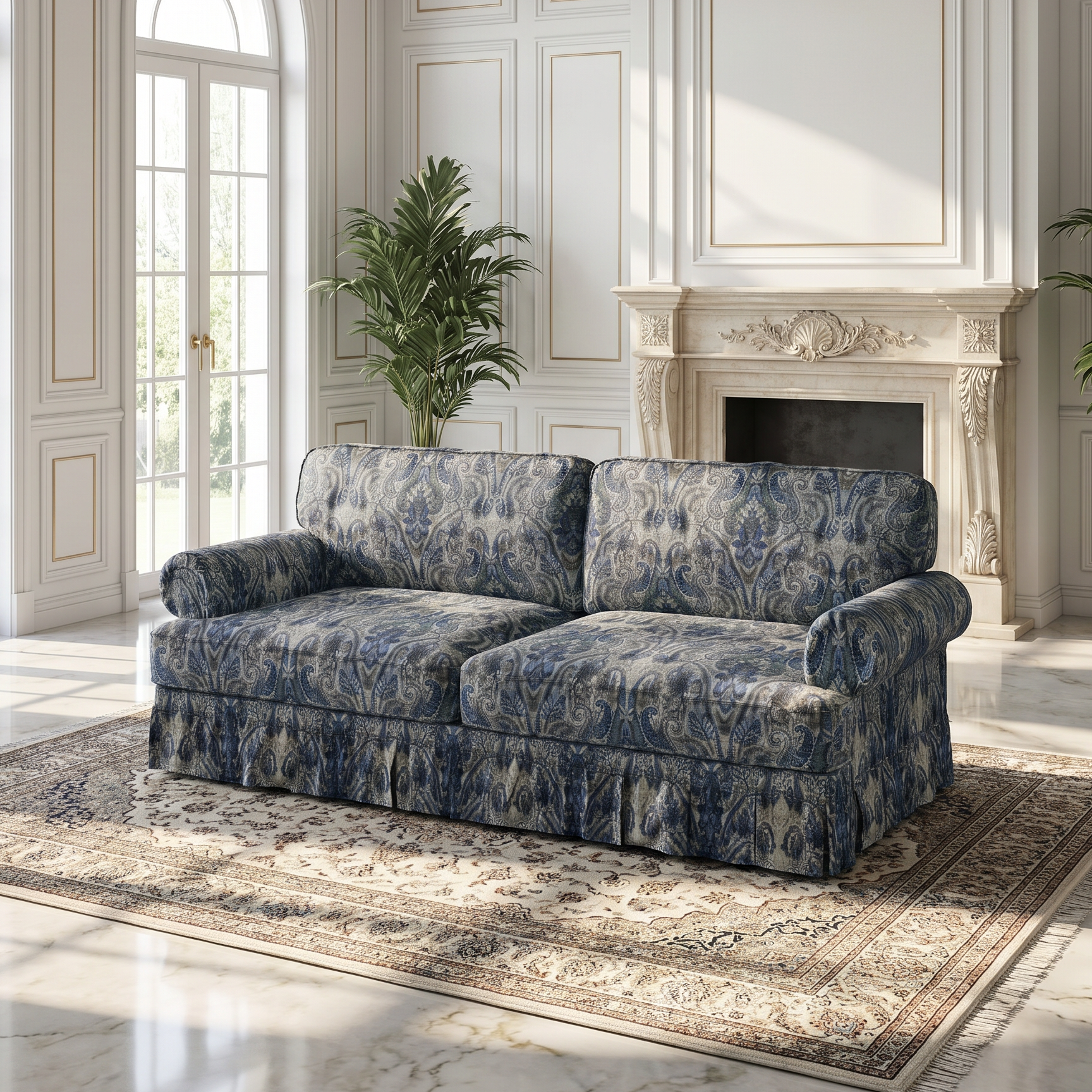 Livonia blue patterned Oxford fabric sofa in cozy transitional living room