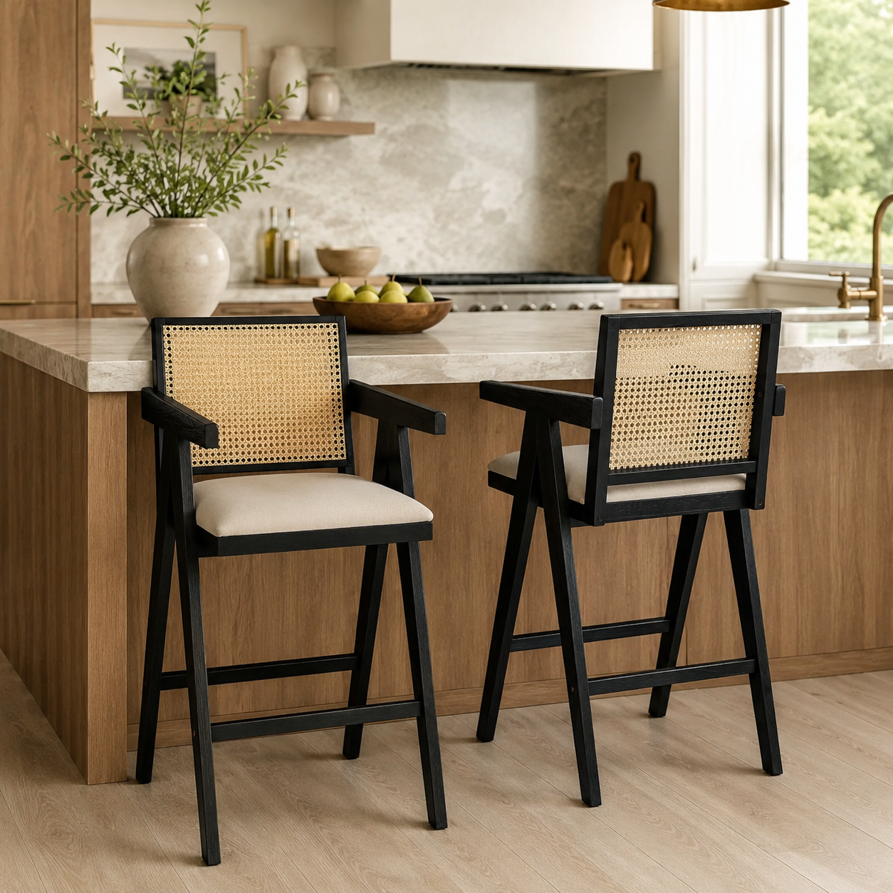 Lodi 27" Modern Cane Back Upholstered Bar Stool Set of 2 with Armrests