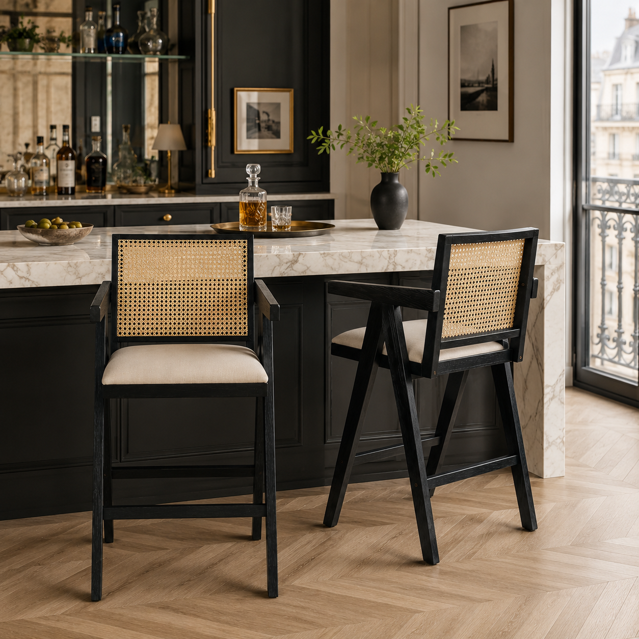 Lodi 27" Modern Cane Back Upholstered Bar Stool Set of 2 with Armrests