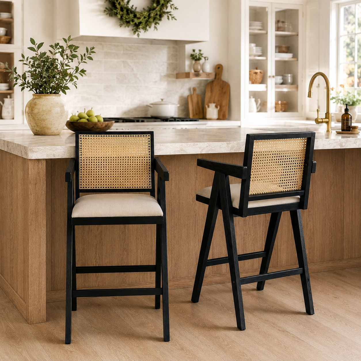 Lodi 27" Modern Cane Back Upholstered Bar Stool Set of 2 with Armrests