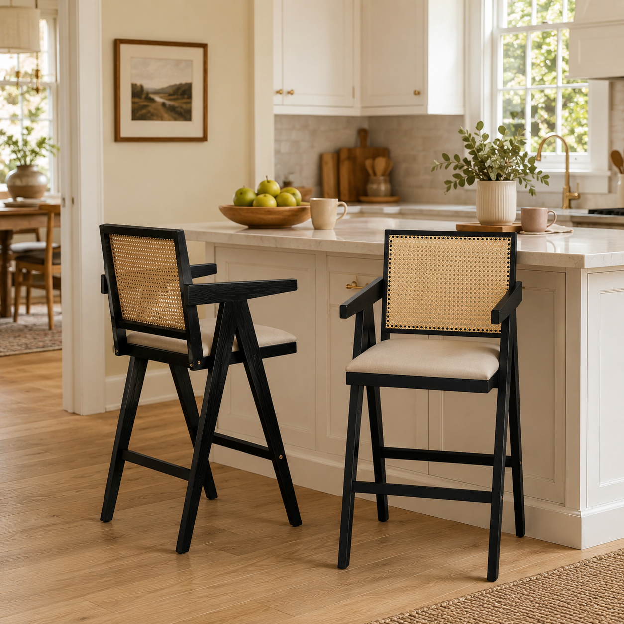 Lodi 27" Modern Cane Back Upholstered Bar Stool Set of 2 with Armrests