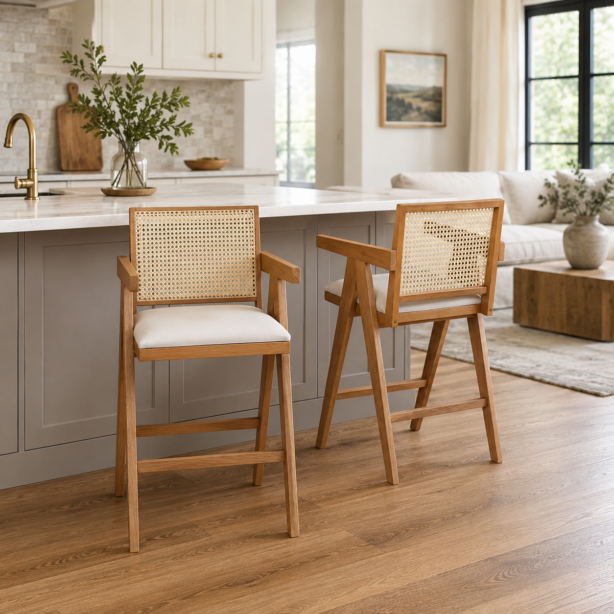 Lodi 27" Modern Cane Back Upholstered Bar Stool Set of 2 with Armrests