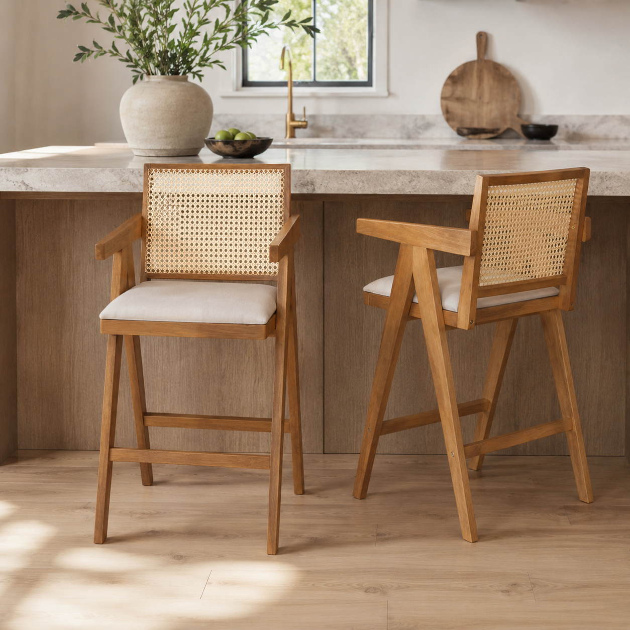 Lodi 27" Modern Cane Back Upholstered Bar Stool Set of 2 with Armrests
