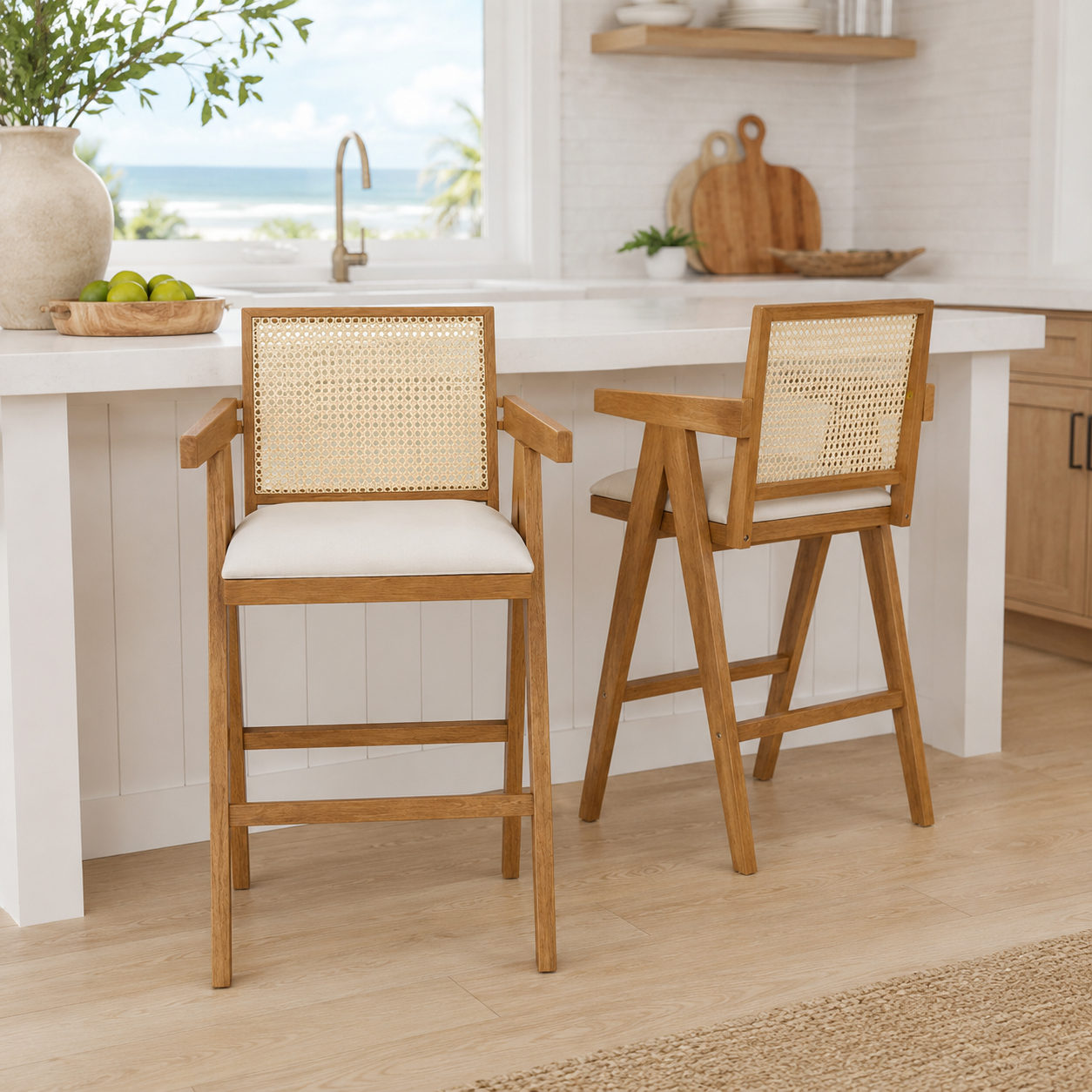 Lodi 27" Modern Cane Back Upholstered Bar Stool Set of 2 with Armrests