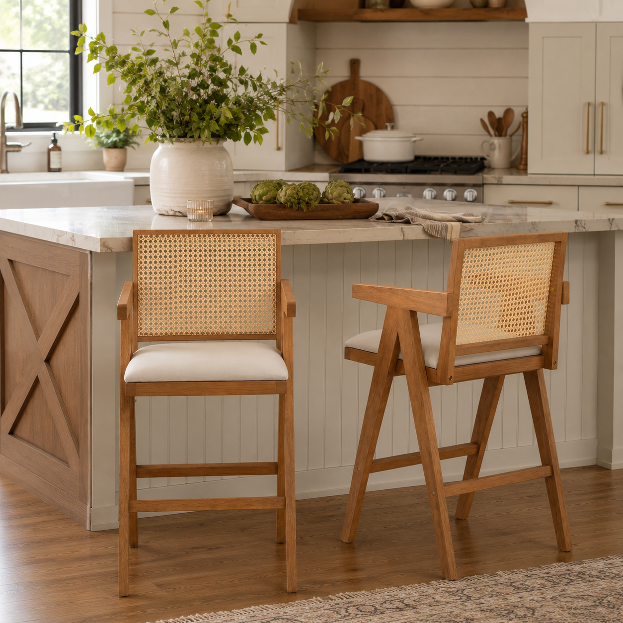Lodi 27" Modern Cane Back Upholstered Bar Stool Set of 2 with Armrests