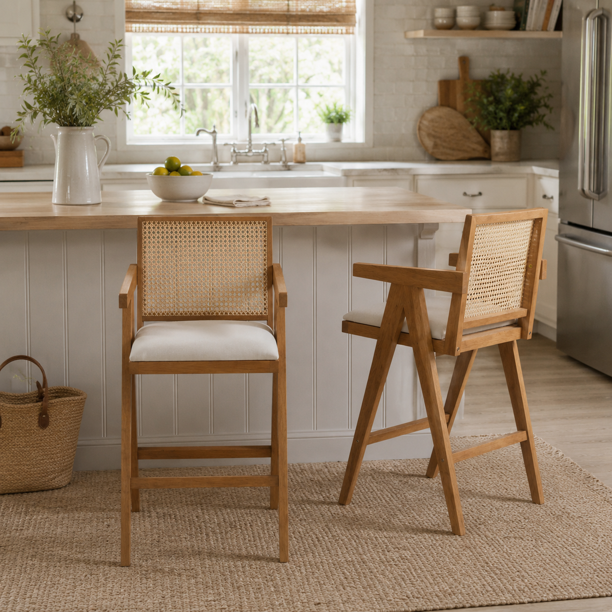 Lodi 27" Modern Cane Back Upholstered Bar Stool Set of 2 with Armrests