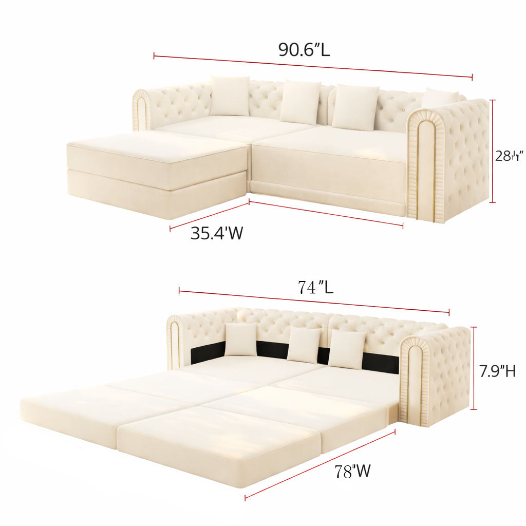 Lowell beige modular 3-in-1 convertible sleeper sofa bed dimension diagram showing sofa and bed measurements