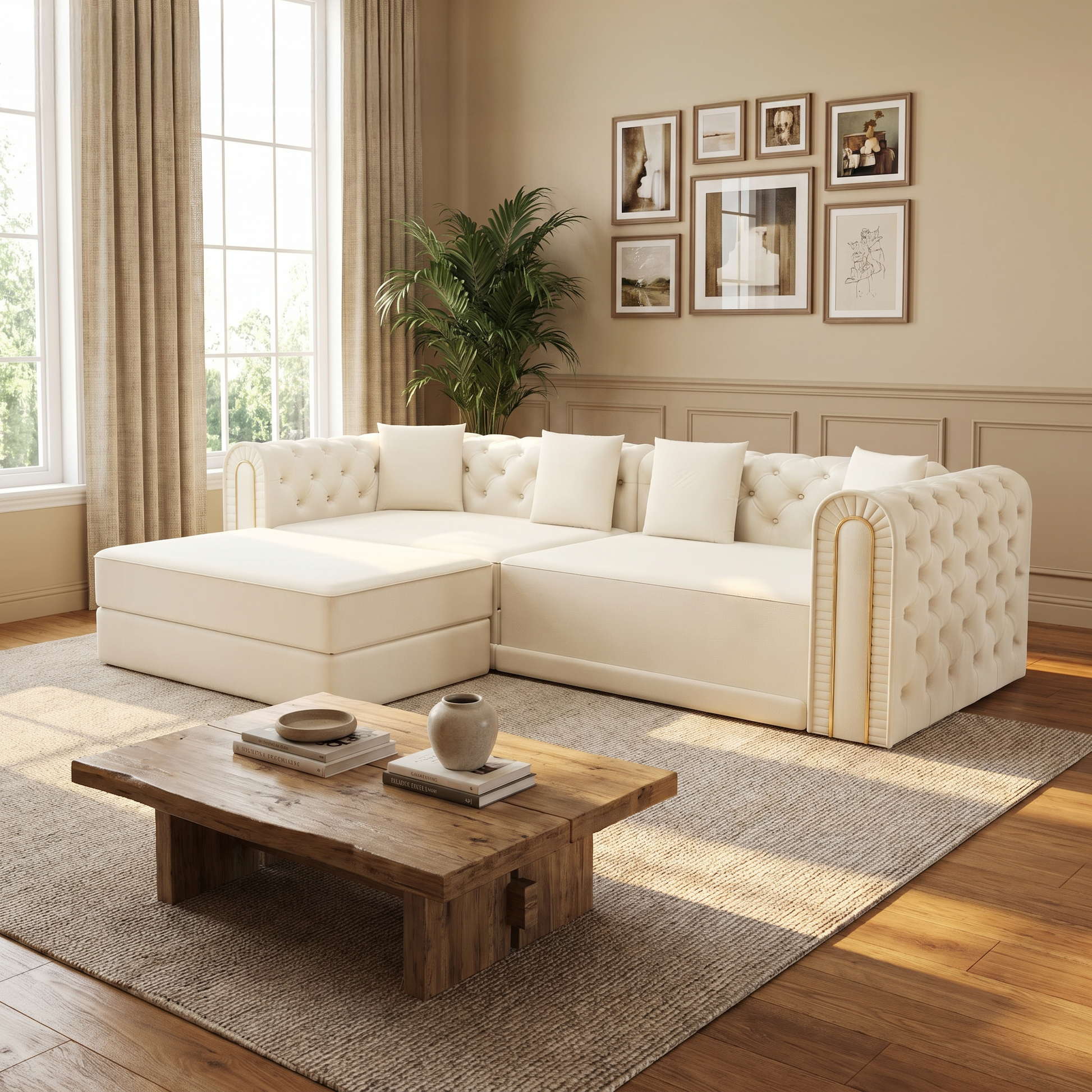 Lowell beige 3-in-1 sleeper sofa bed with movable ottoman styled in warm modern living room