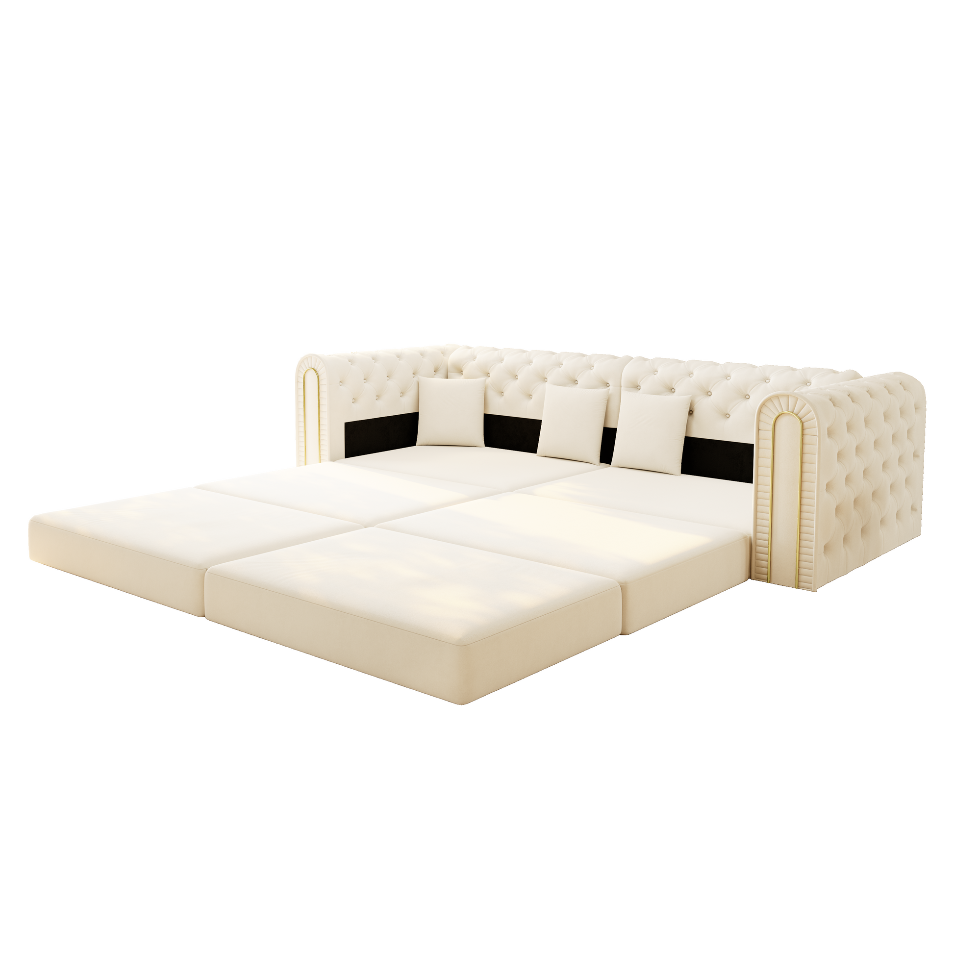 Lowell beige convertible sleeper sofa bed fully extended into bed mode isolated on white background