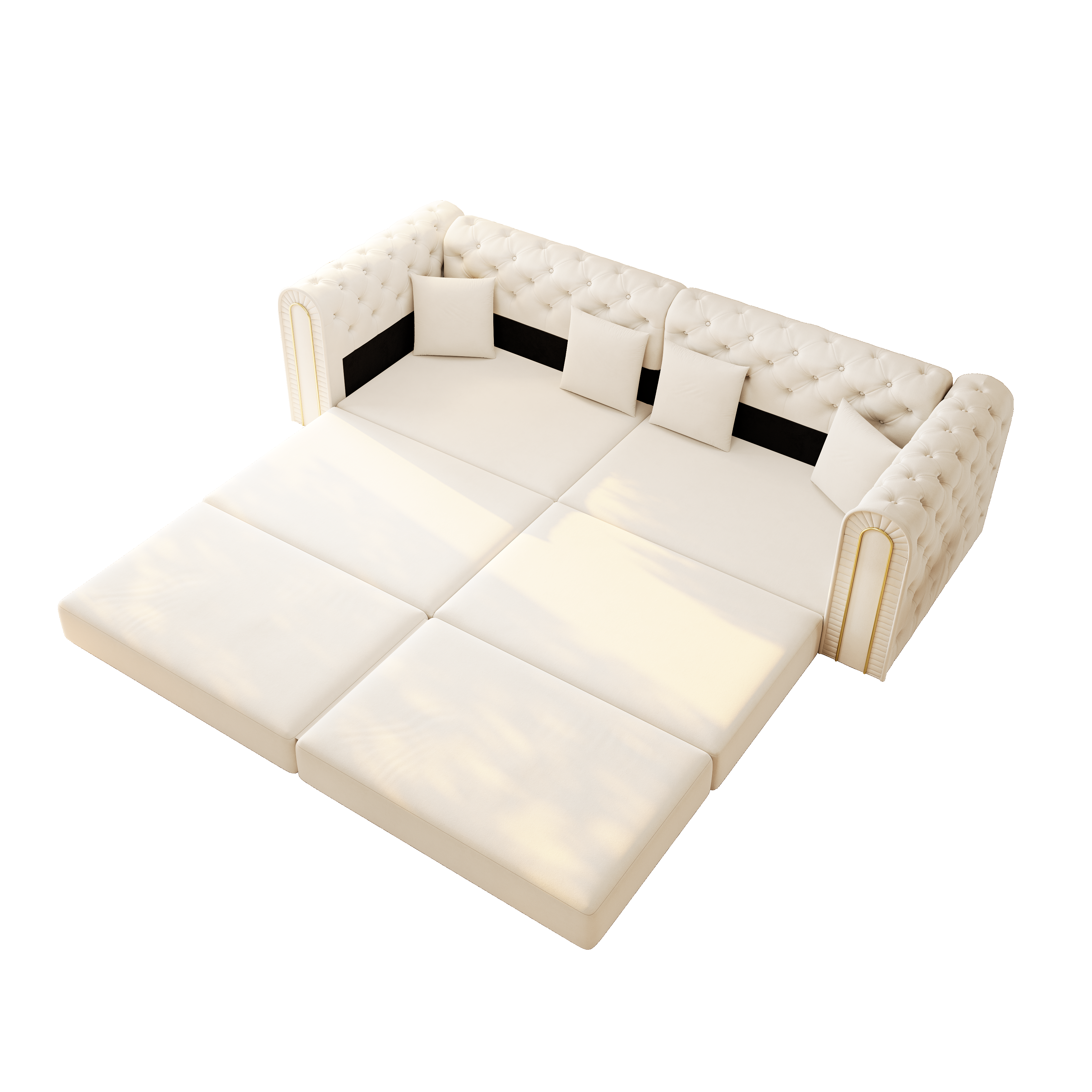 Lowell beige convertible sleeper sofa bed showing top angled bed mode isolated on white background