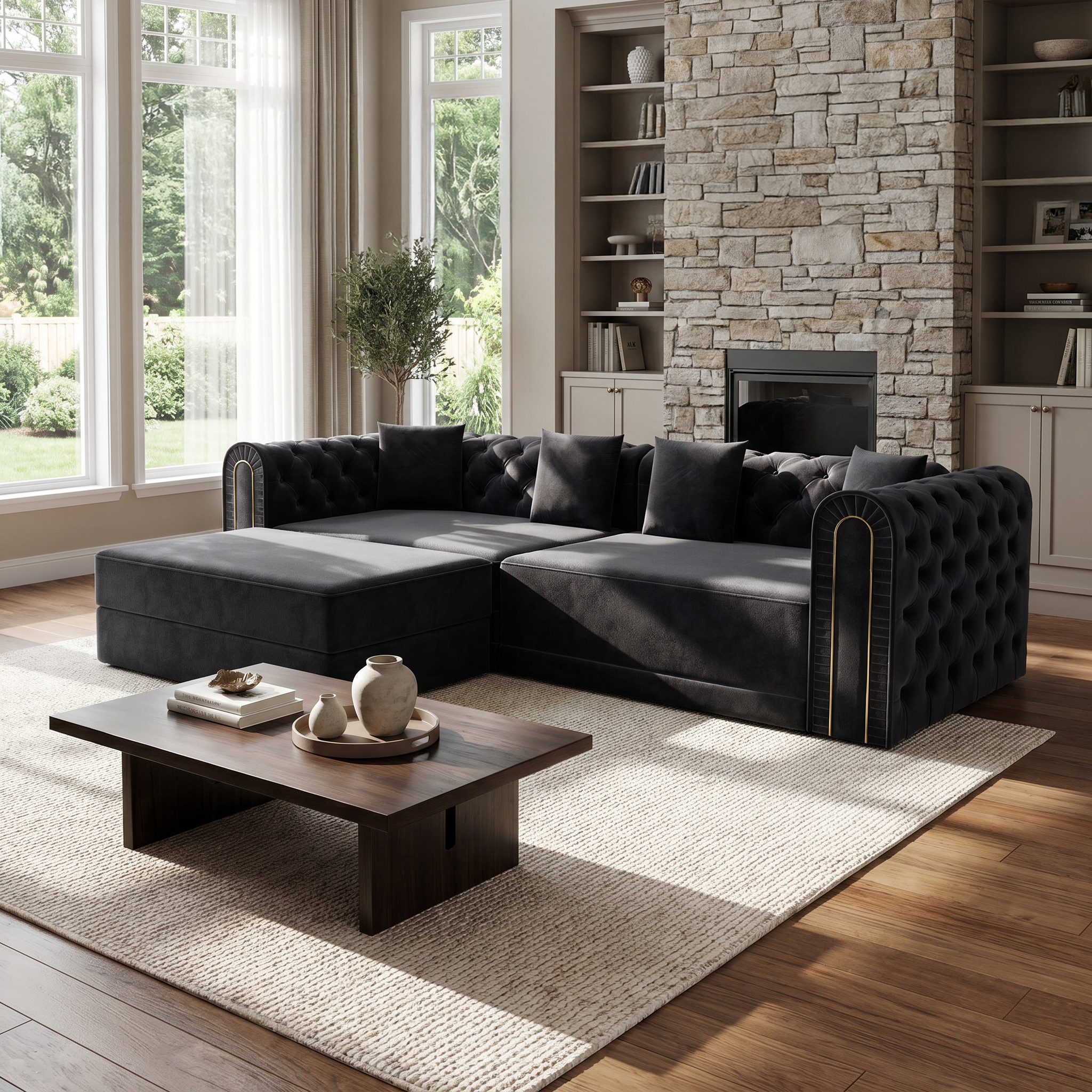 Lowell black modular 3-in-1 convertible sleeper sofa bed styled in modern living room with movable ottoman