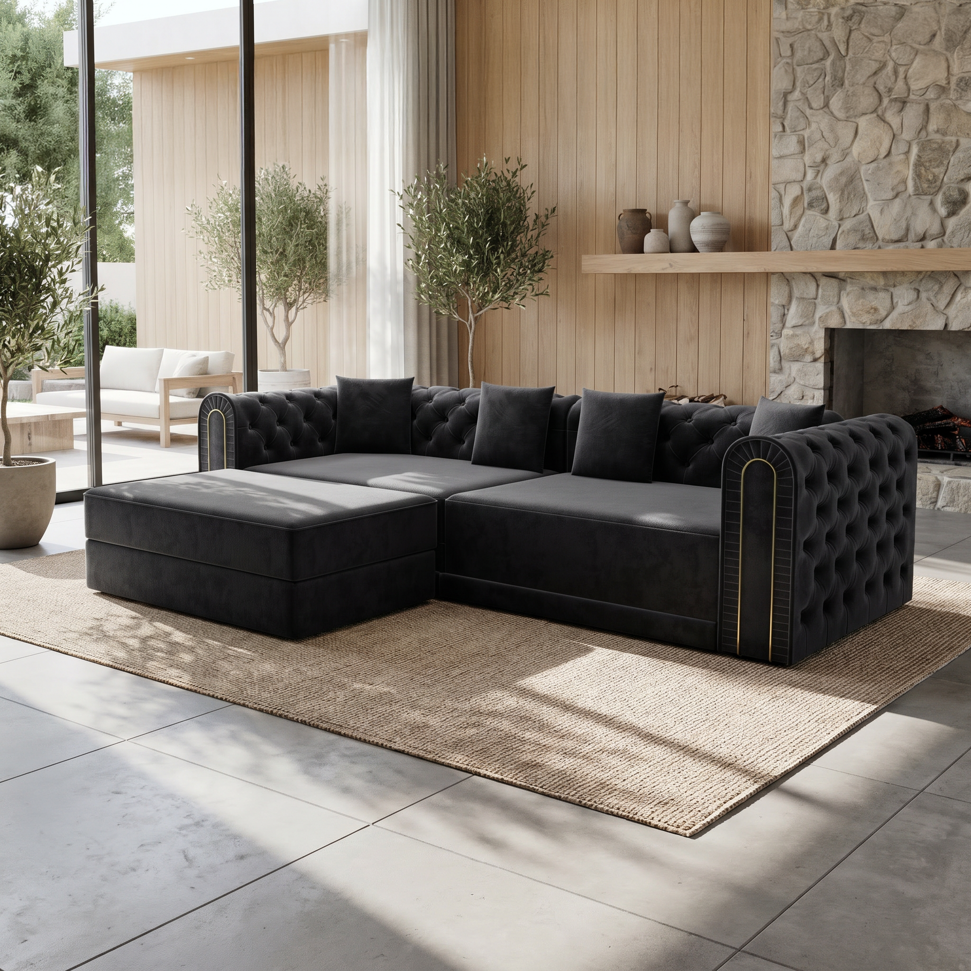 Lowell black modular 3-in-1 convertible sleeper sofa bed displayed in contemporary open living space