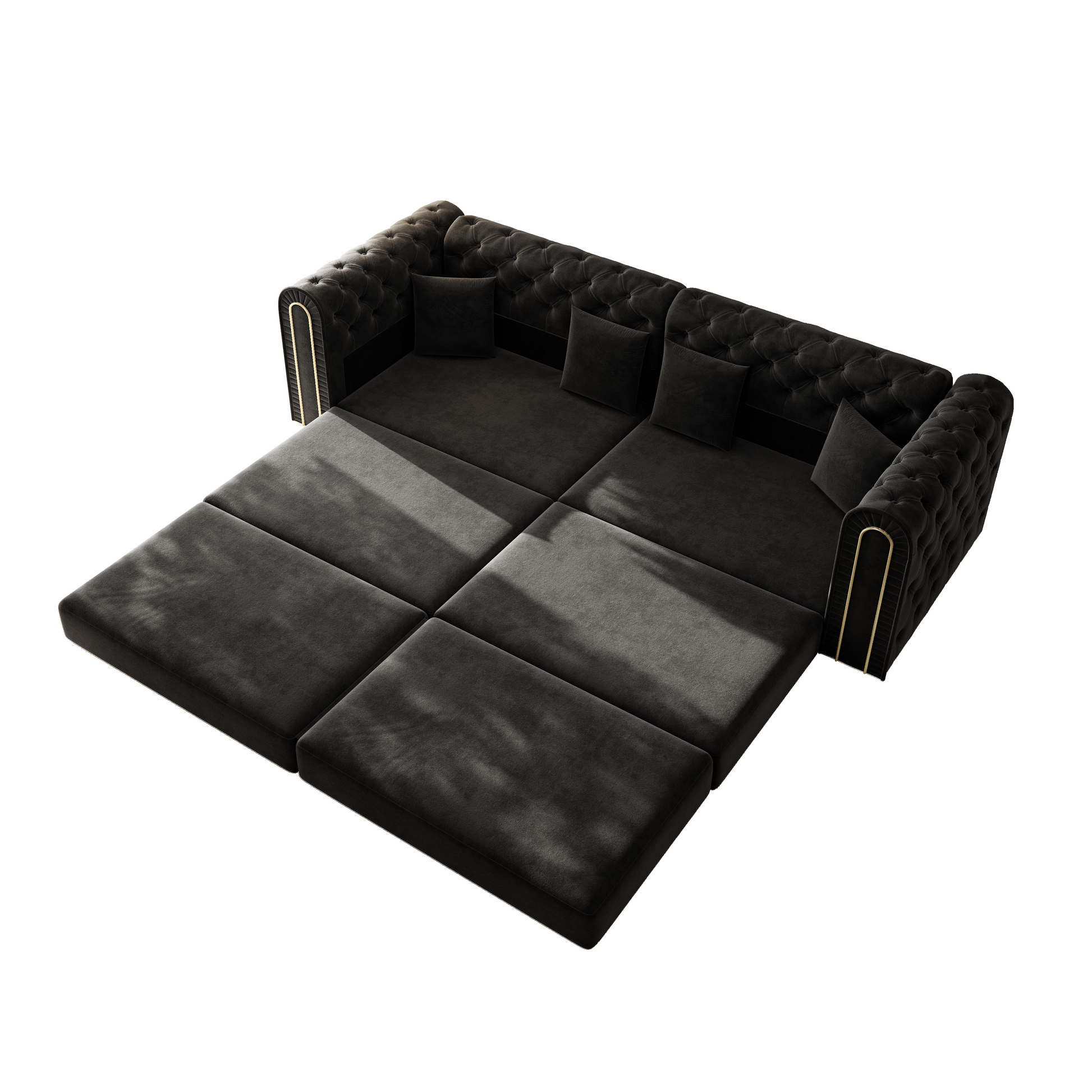 Lowell black modular 3-in-1 convertible sleeper sofa bed showing top angled sleeper configuration isolated on white background