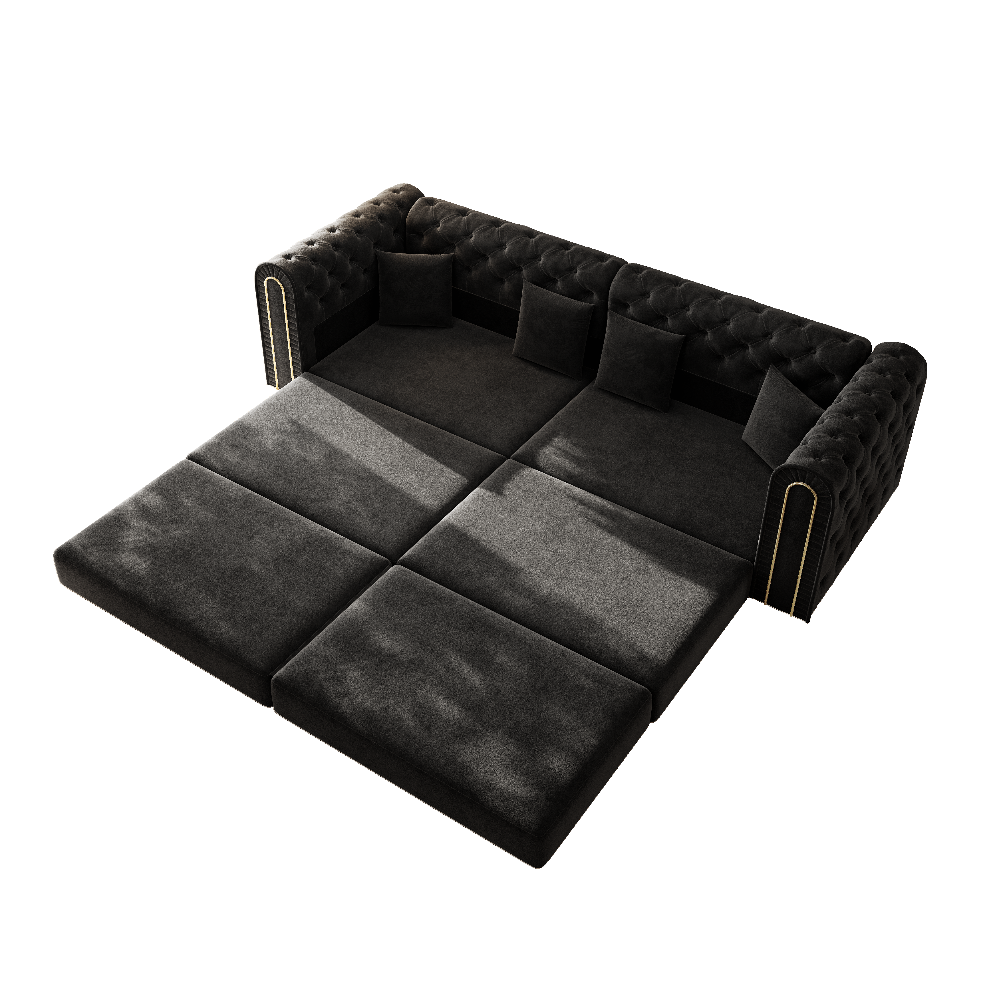 Lowell black modular 3-in-1 convertible sleeper sofa bed showing top angled sleeper configuration isolated on white background