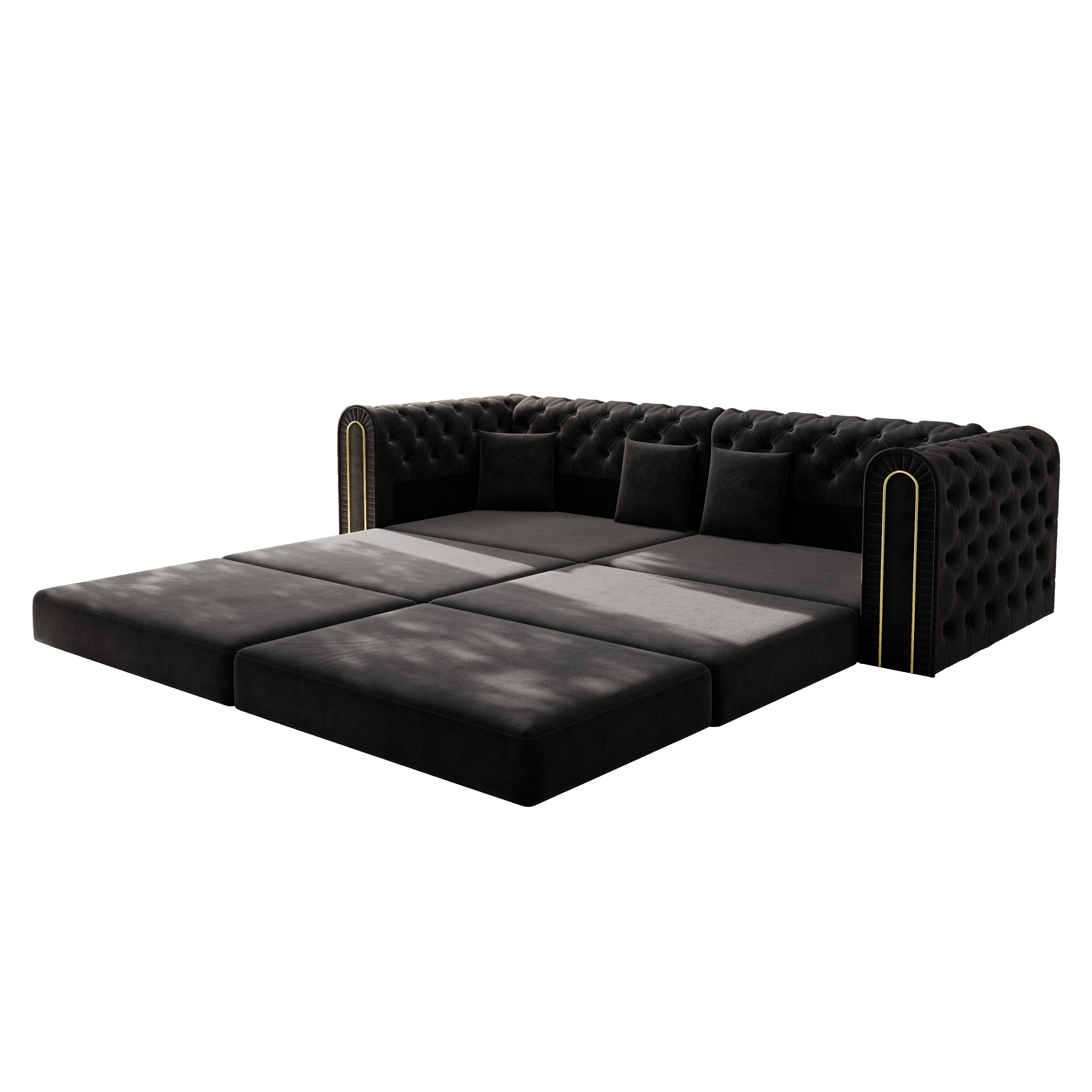 Lowell black modular 3-in-1 convertible sleeper sofa bed converted into full sleeper mode isolated on white background