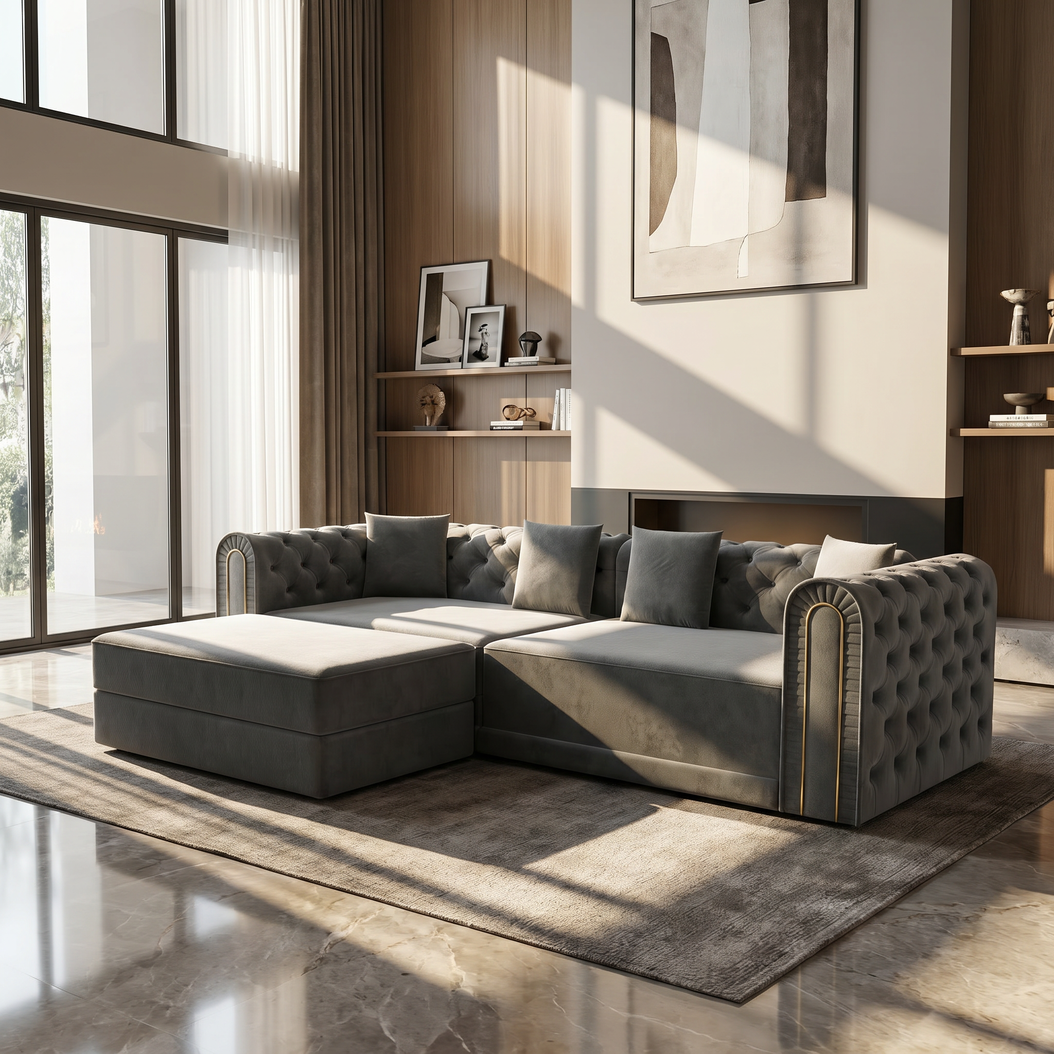 Lowell grey modular 3-in-1 convertible sleeper sofa bed styled in modern living room with movable ottoman