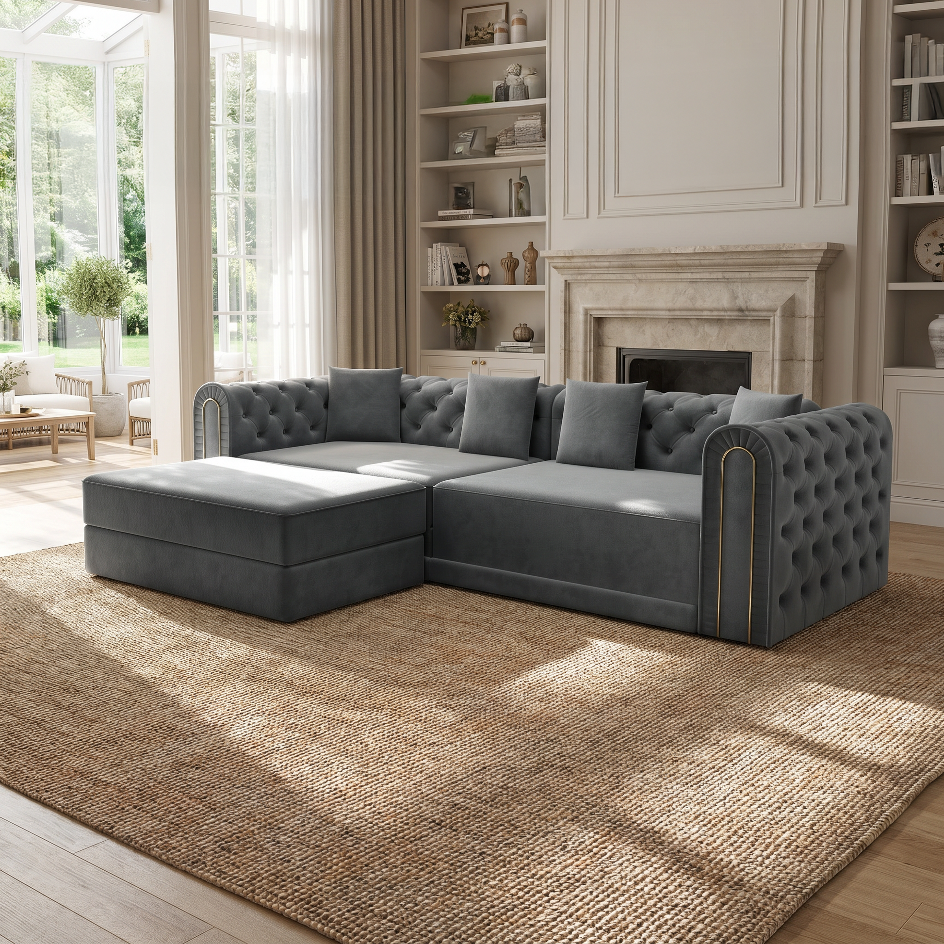 Lowell grey modular 3-in-1 convertible sleeper sofa bed displayed in bright contemporary living room