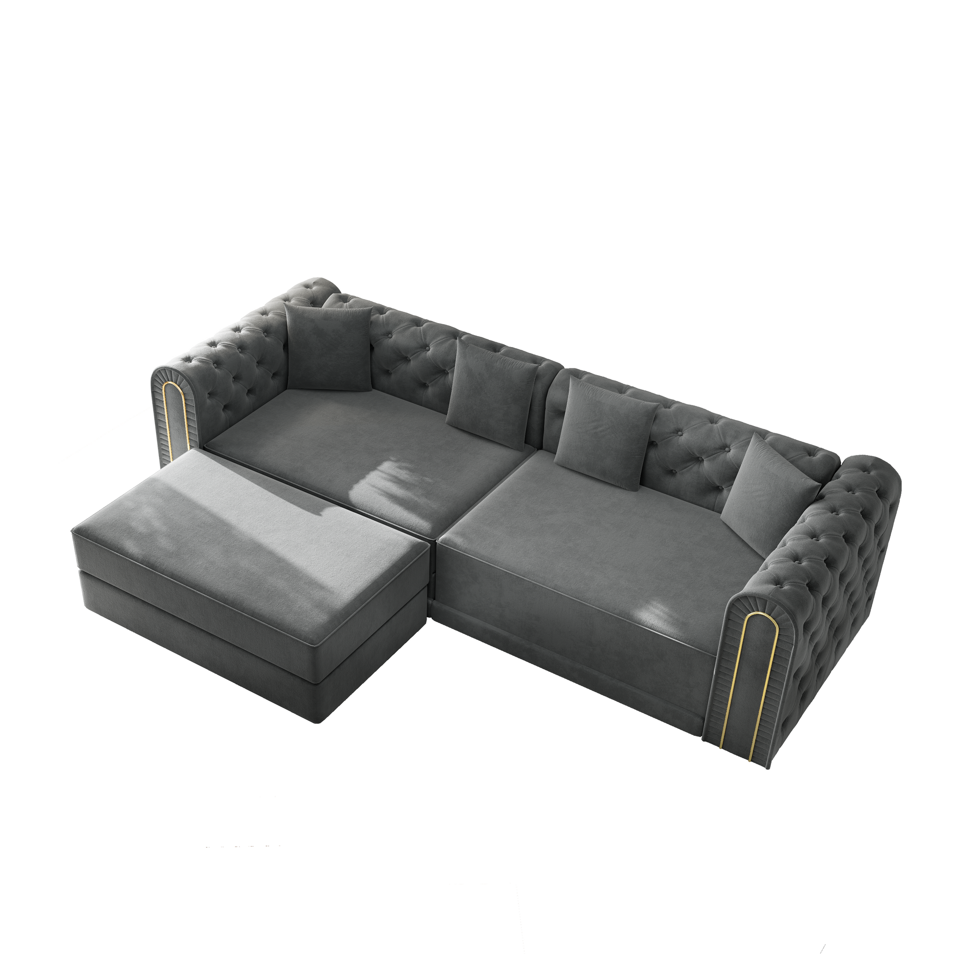 Lowell grey modular 3-in-1 convertible sleeper sofa bed showing top angled view isolated on white background