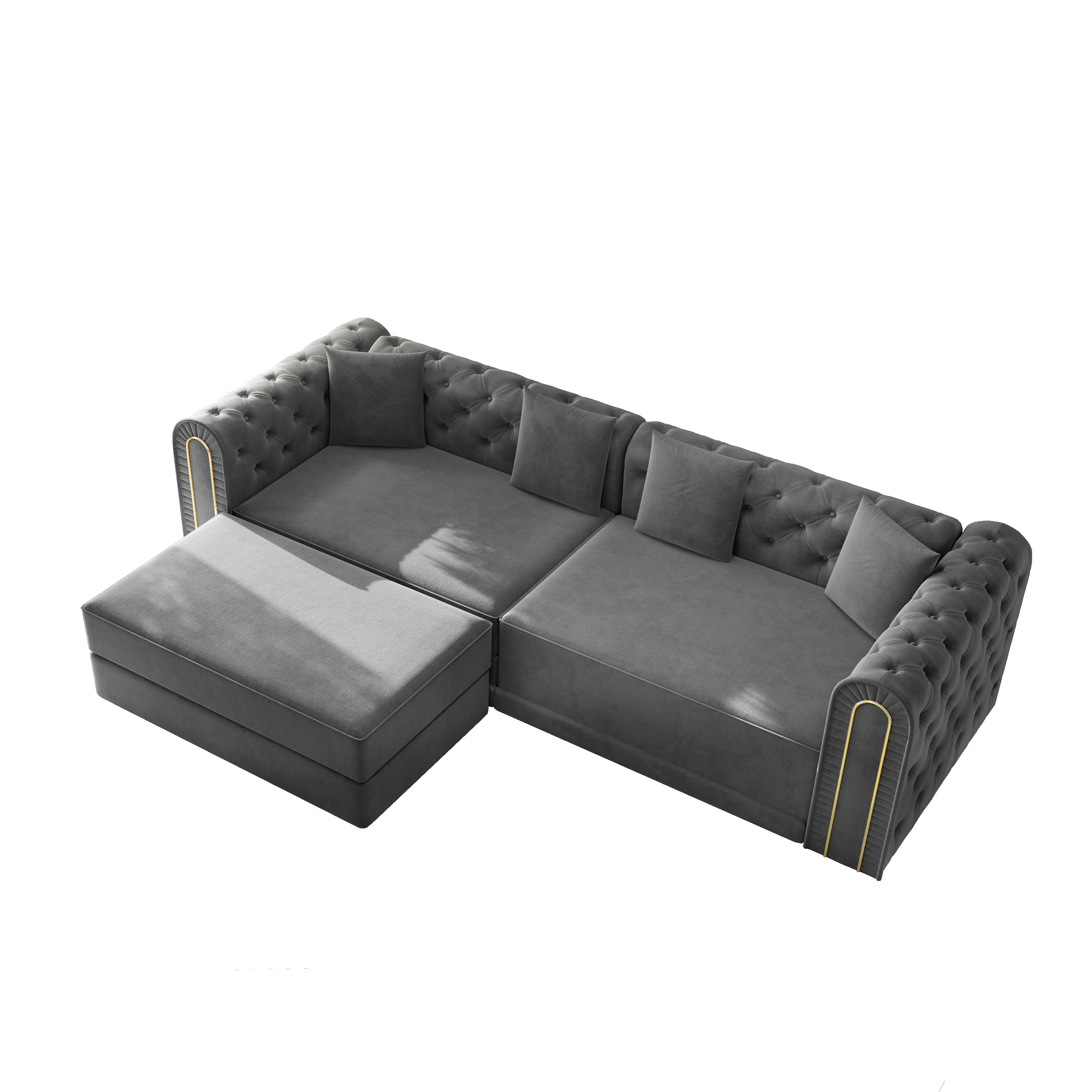 Lowell grey modular 3-in-1 convertible sleeper sofa bed showing top angled view isolated on white background